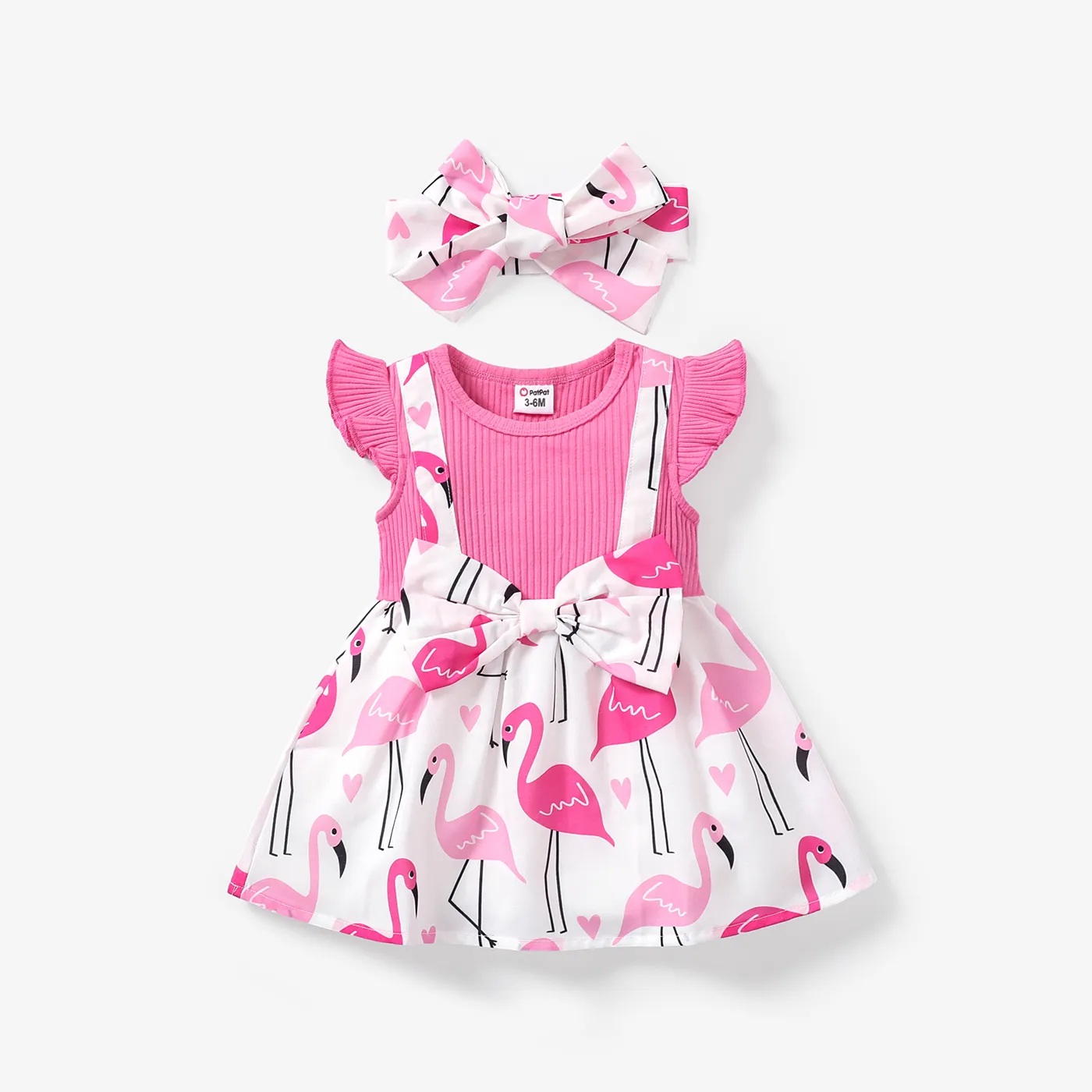 

2pcs Baby Girl Bow Front Allover Flamingo Print & Solid Spliced Flutter-sleeve Dress & Headband Set