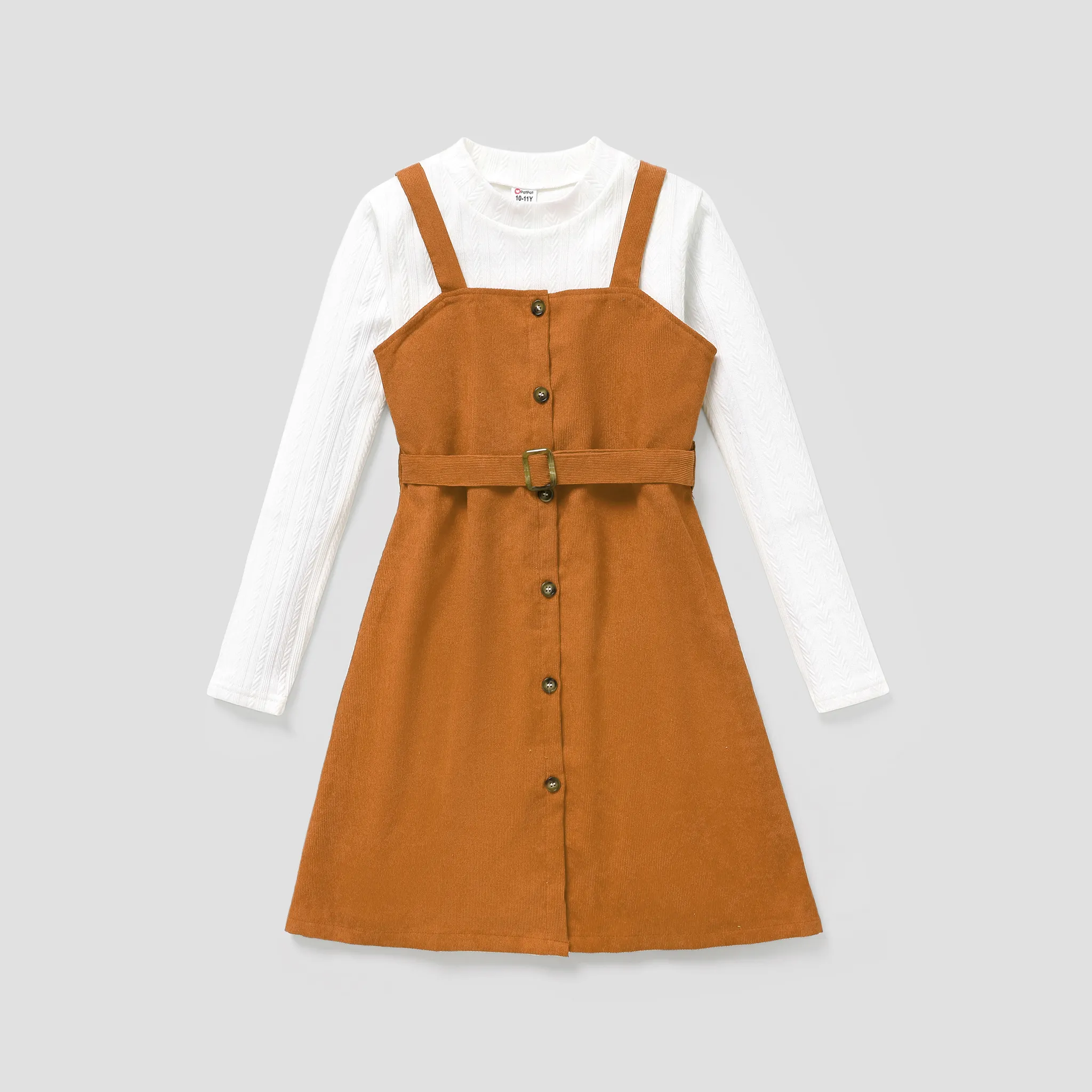 

2pcs Kid Girl Mock Neck Textured White Tee and Button Design Belted Corduroy Overall Dress Set
