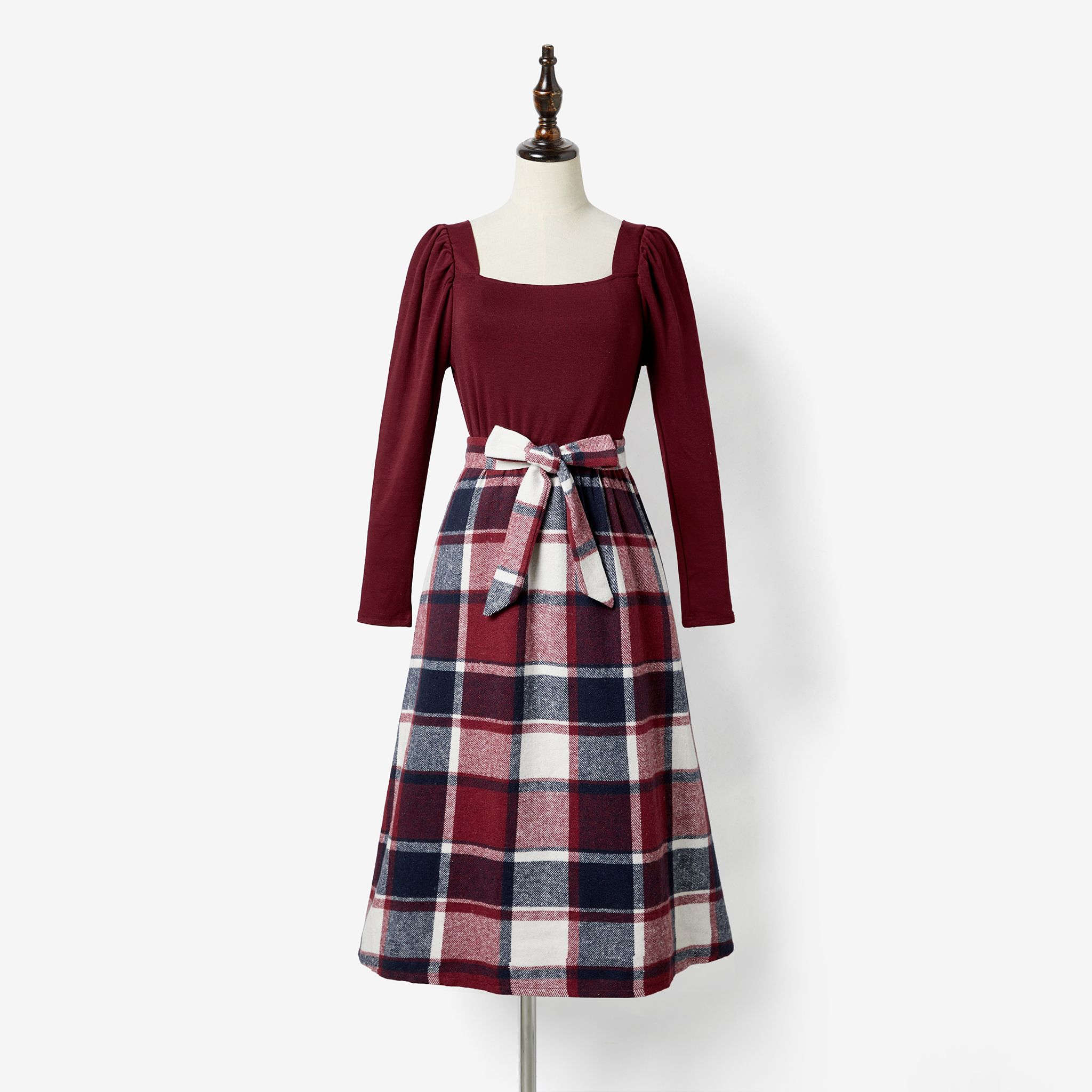 

Family Matching Casual Long Sleeve Plaid Design Shirts and Knit Splicing Belted Dresses Sets