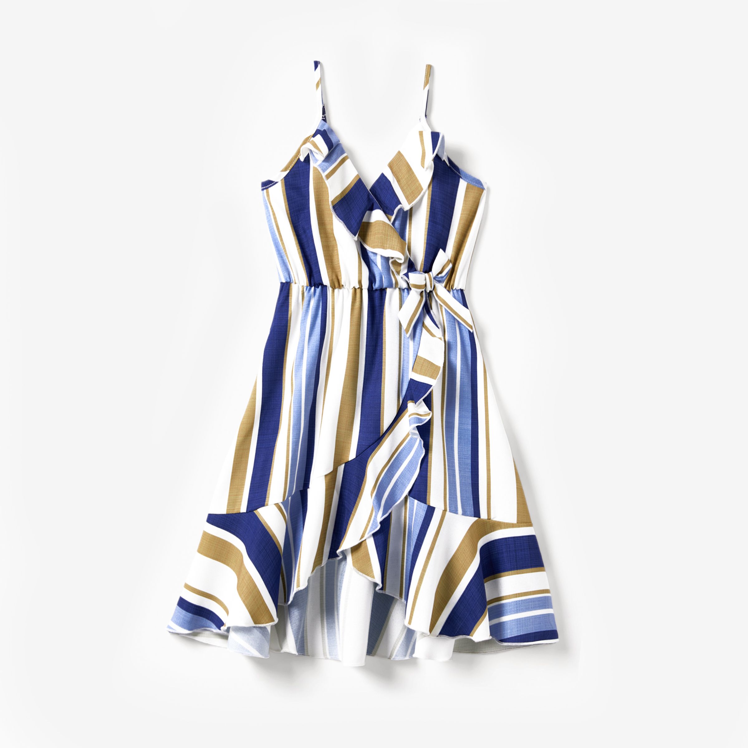 

Family Matching Vertical Stripe Shirt and Overlap Flutter Trim Bow Decor Ruffle Hem Dress Sets