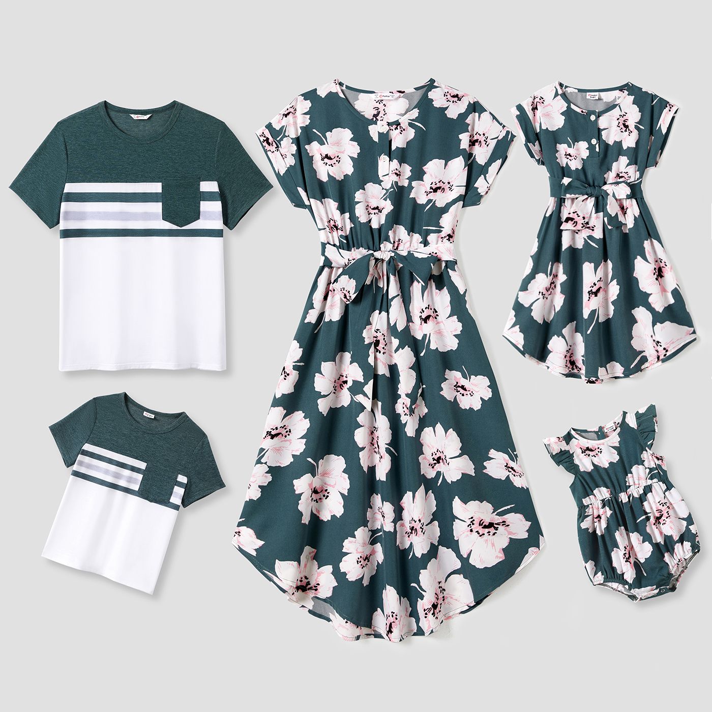 

Family Matching Allover Floral Print Curved Hem Belted Dresses and Colorblock Striped T-shirts Sets