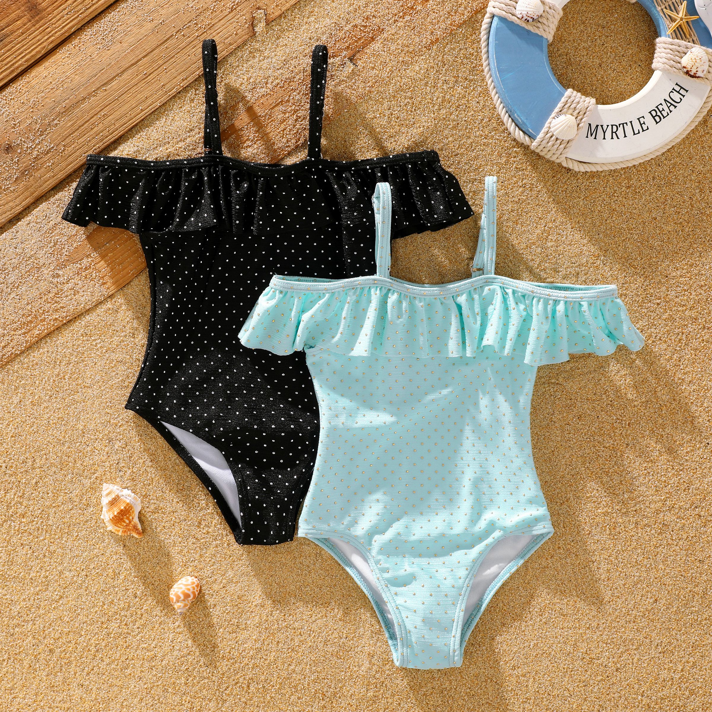 

Toddler Girl Sweet Tight Solid Swimsuit with Ruffle Edge