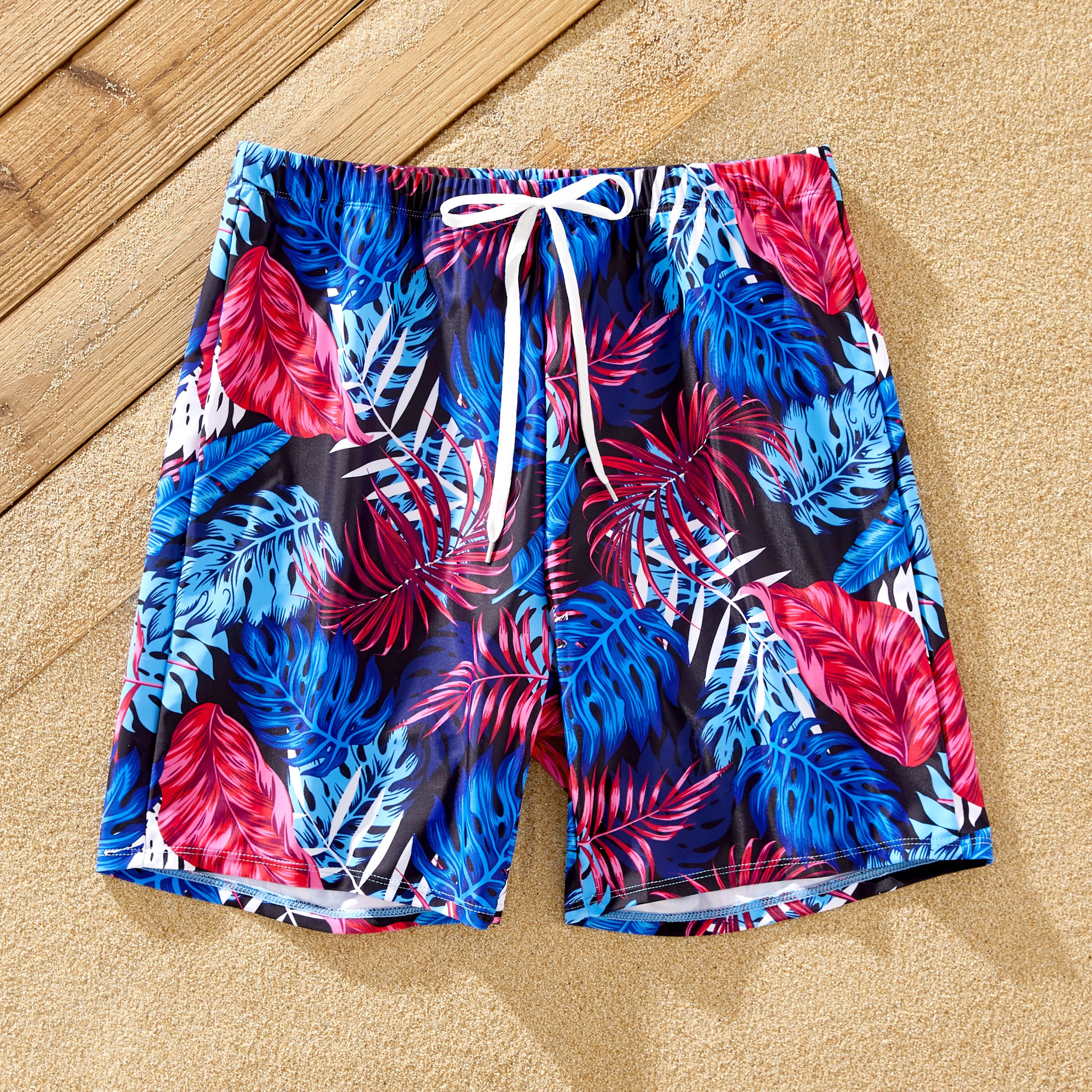 

Family Matching Blue Floral Drawstring Swim Trunks or Shell Trim Spliced One-Piece Swimsuit