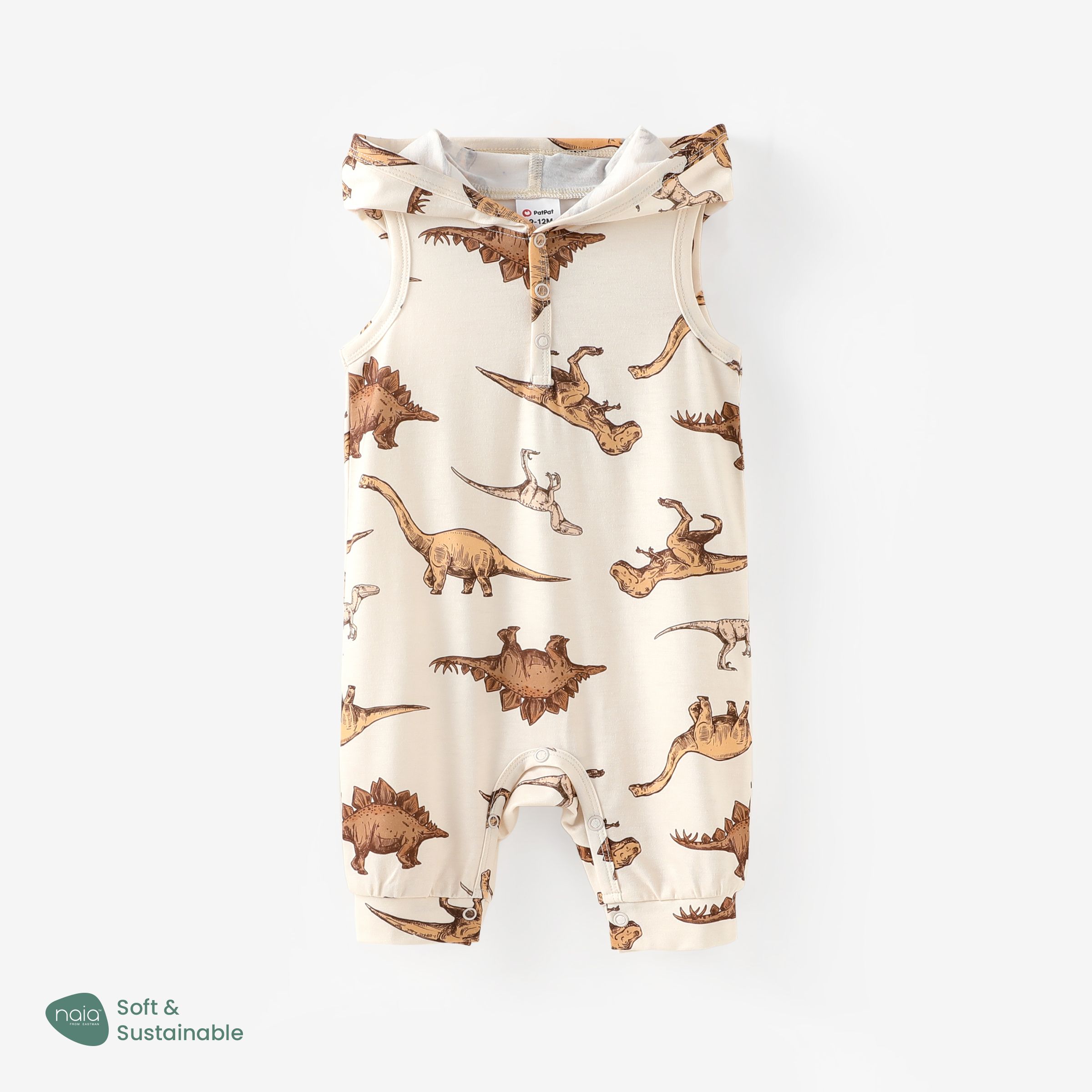 

Baby Boy Childlike Dinosaur Print Hooded Pajama Romper