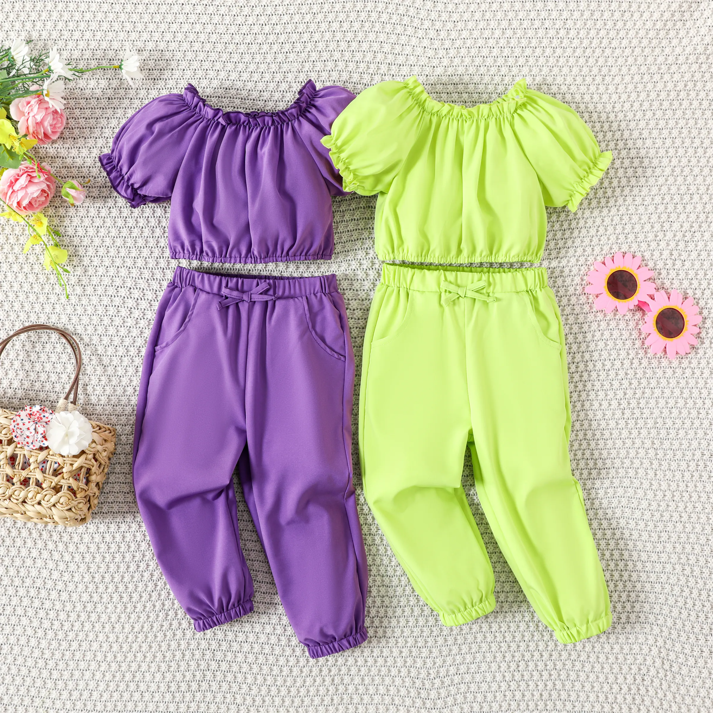 

2pcs Toddler Girl's Summer Casual Solid Color Set with Puff Sleeve