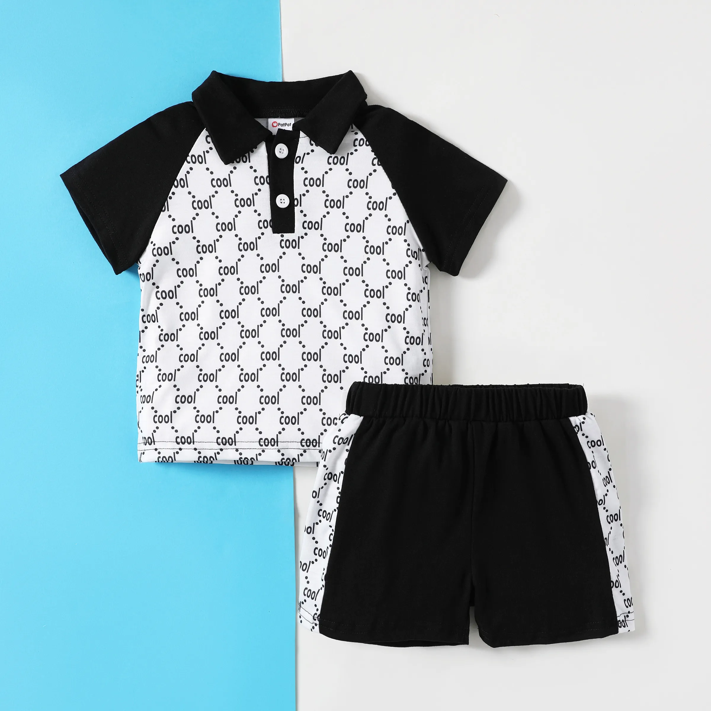 

Boy's Short Sleeve Shirt and Black Shorts Set, Avant-garde Style with Shirt Collar, 2pcs
