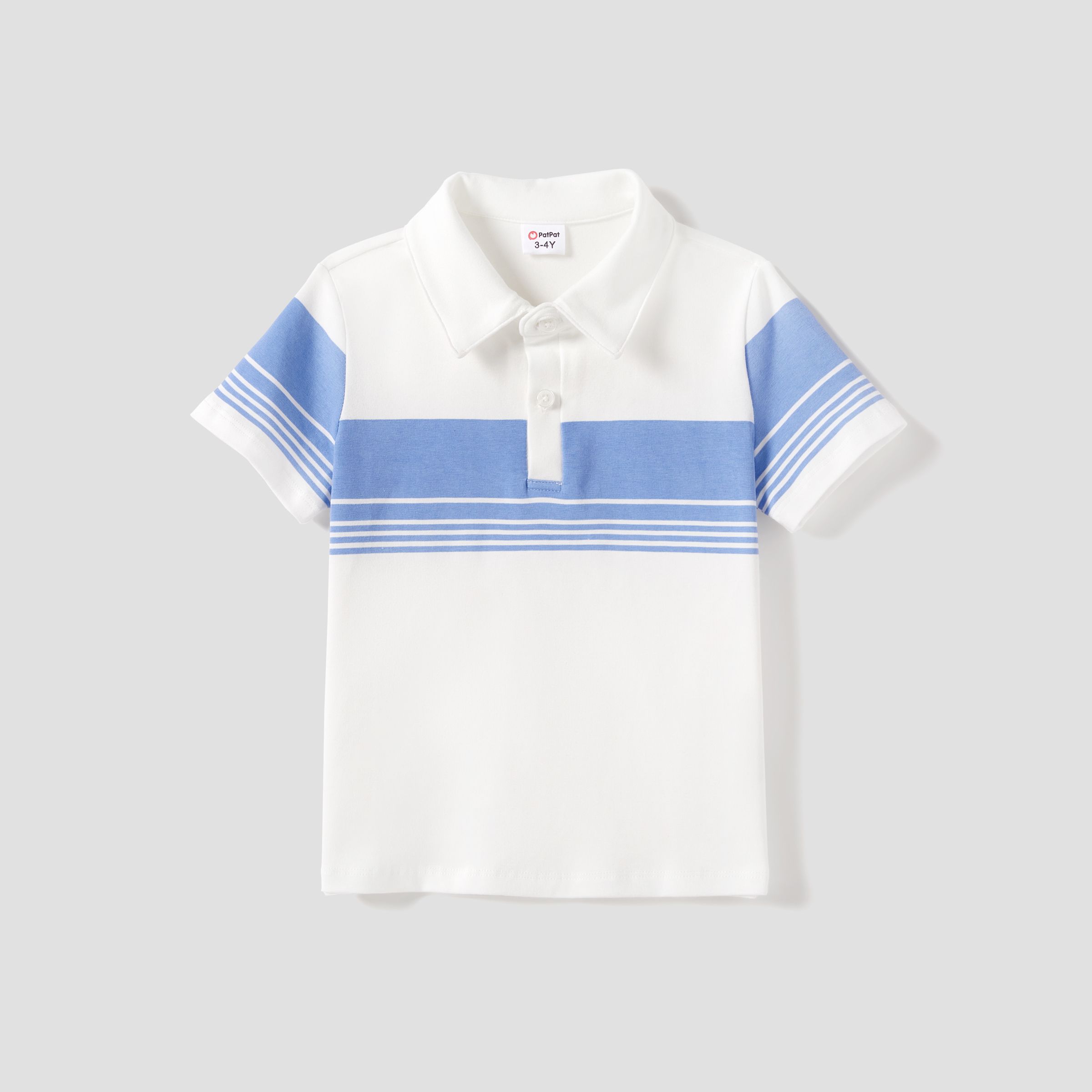 

Family Matching Blue Stripe Panel Polo Shirt and Tie Neck Shirred Waist Stripe Strap Dress Sets