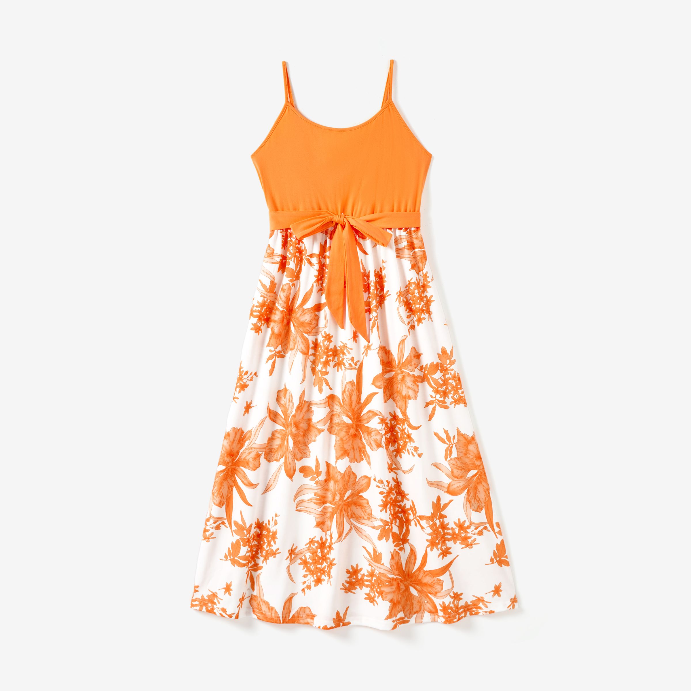 

Family Matching Orange Tee and Cami Top Spliced Belted Dress Sets