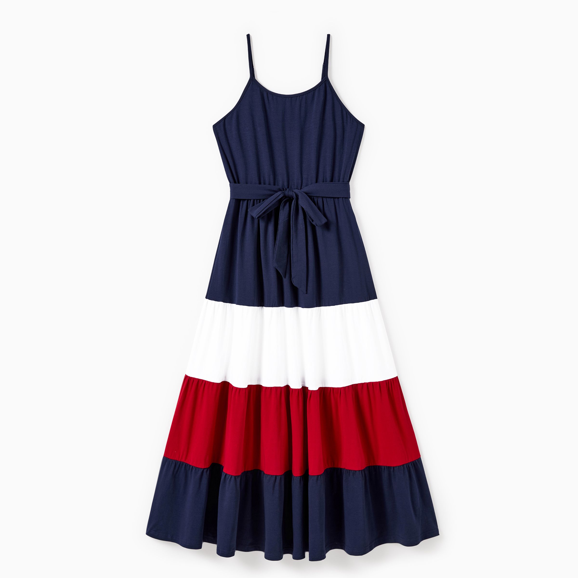 

Family Matching Color Block Tee and Strap Belted A-Line Pleated Ruffle Hem Dress Sets