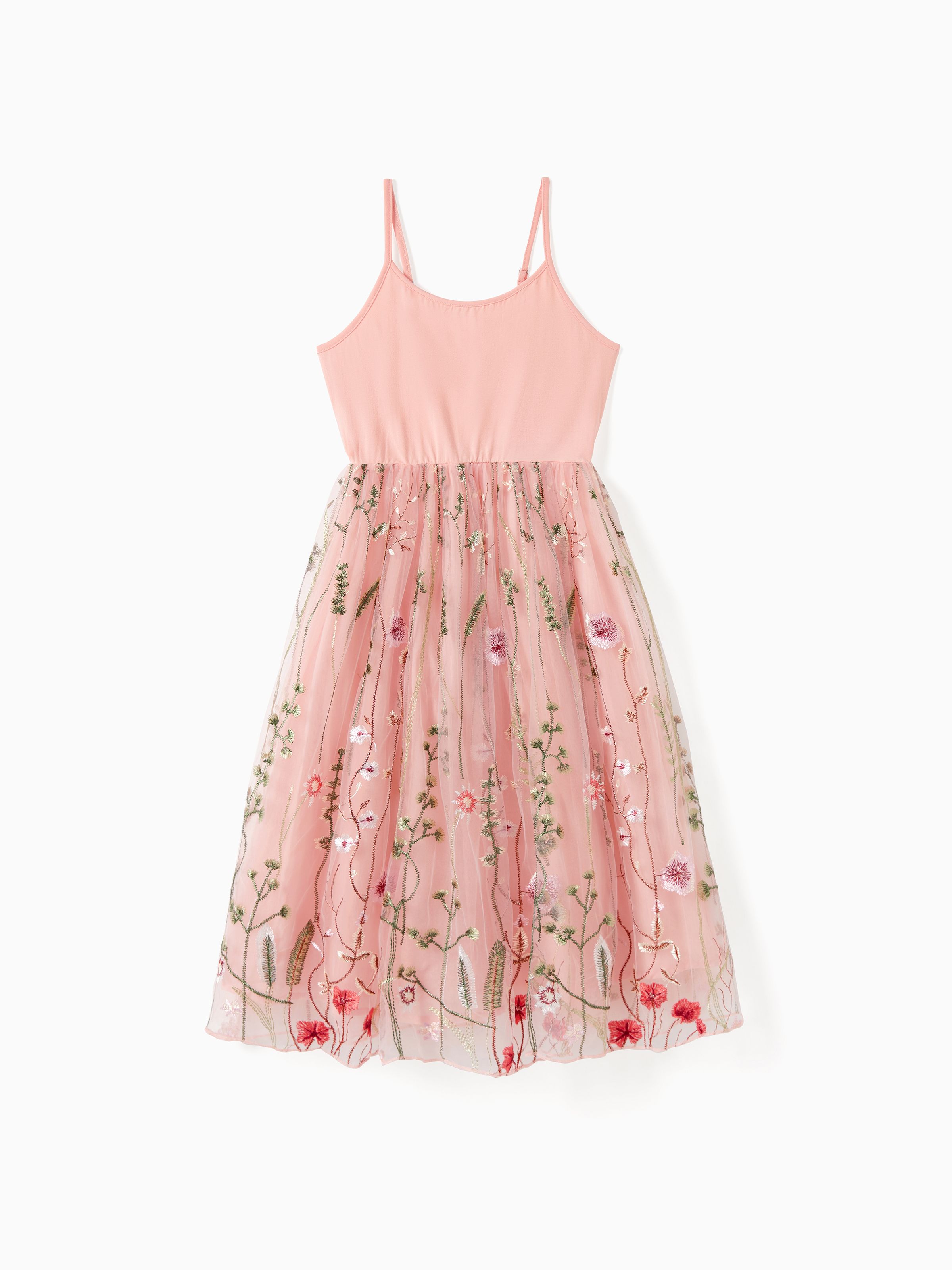 

Family Matching Solid Color/ Raglan Sleeves Tee and Pink Cami Embroidered Tulle Strap Dress Sets