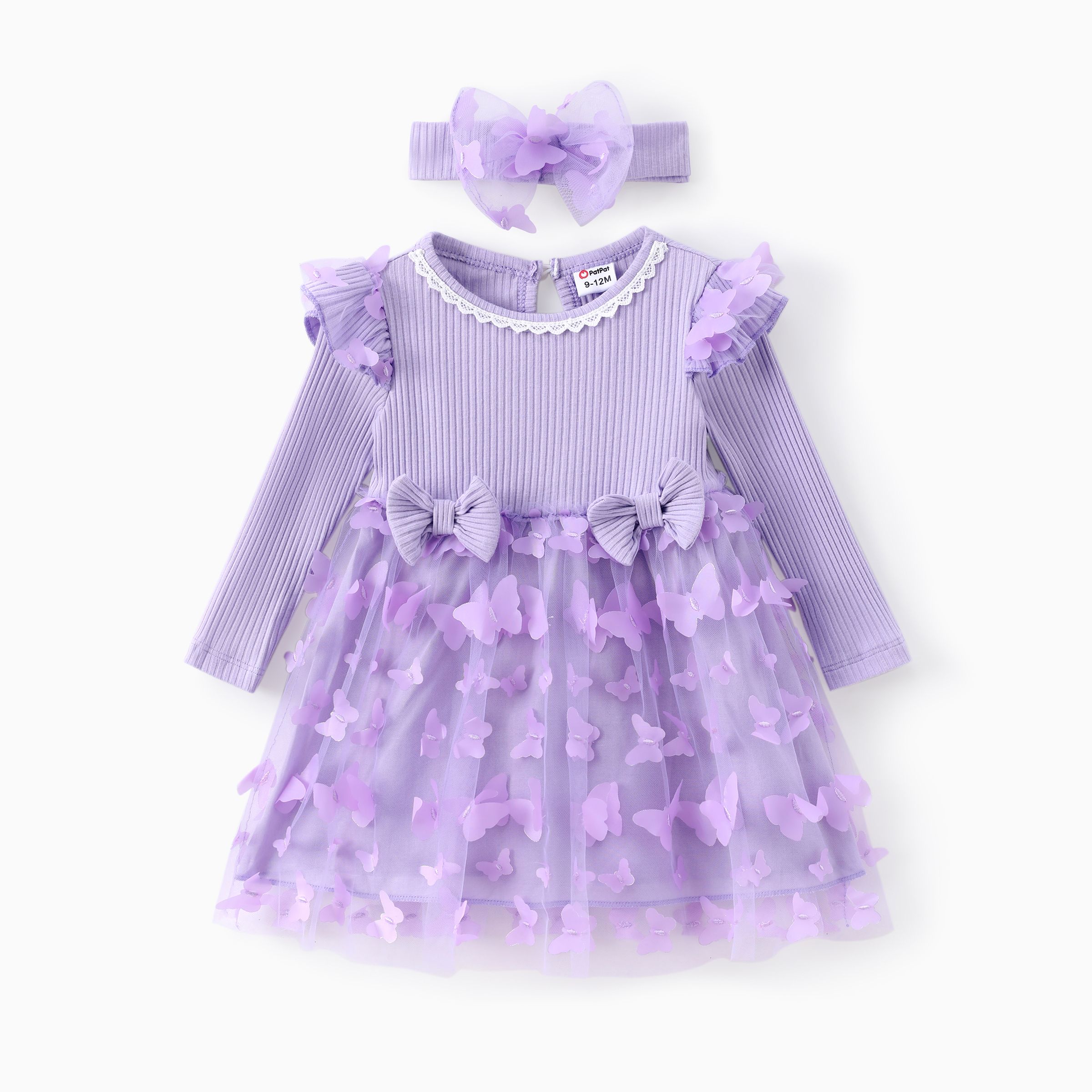 

2pcs Baby Girl 95% Cotton Ribbed Long-sleeve Splicing 3D Butterfly Appliques Mesh Fairy Dress with Headband Set