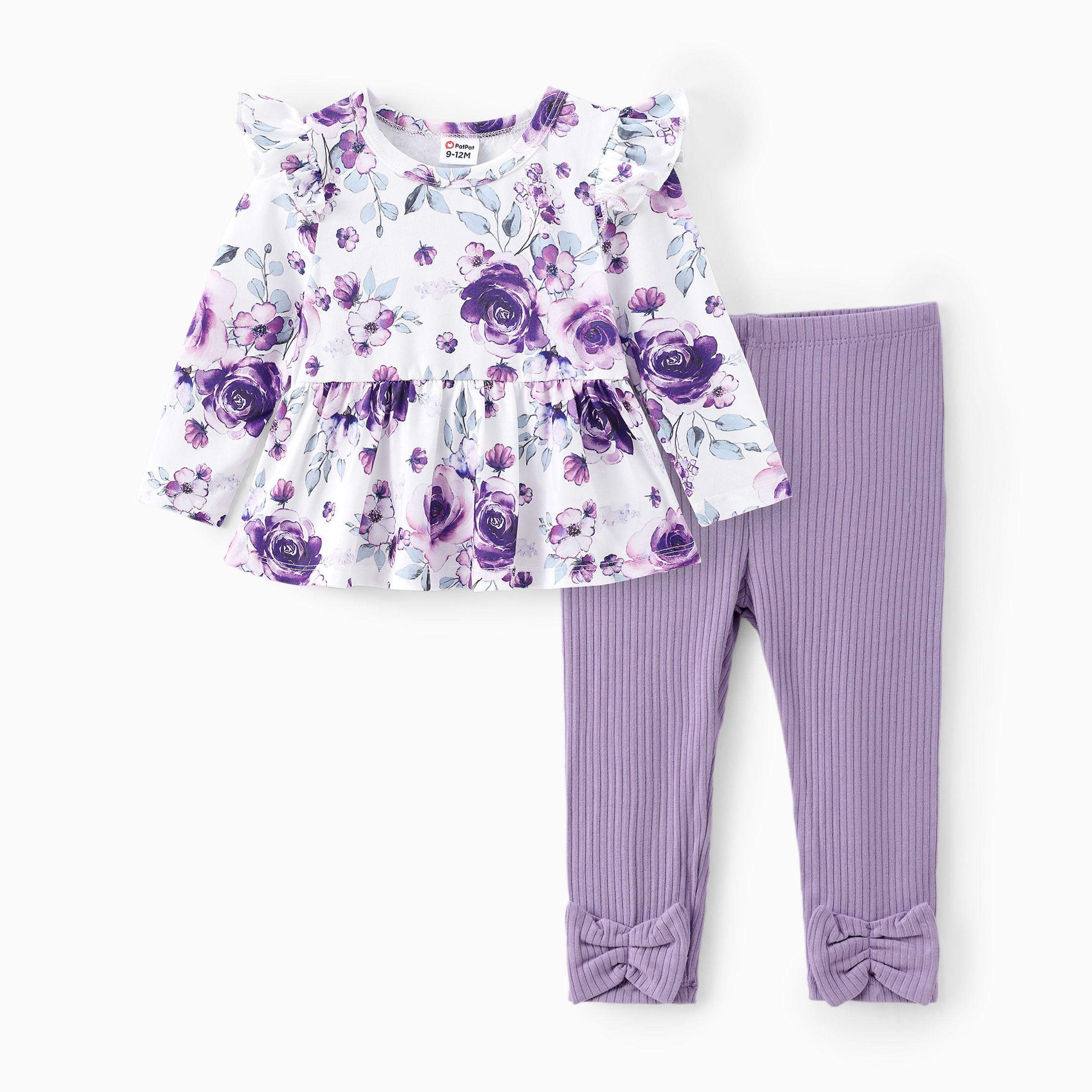 

2PCS Baby Girl Sweet Floral Print Flutter Sleeve Top and Solid Pant Set