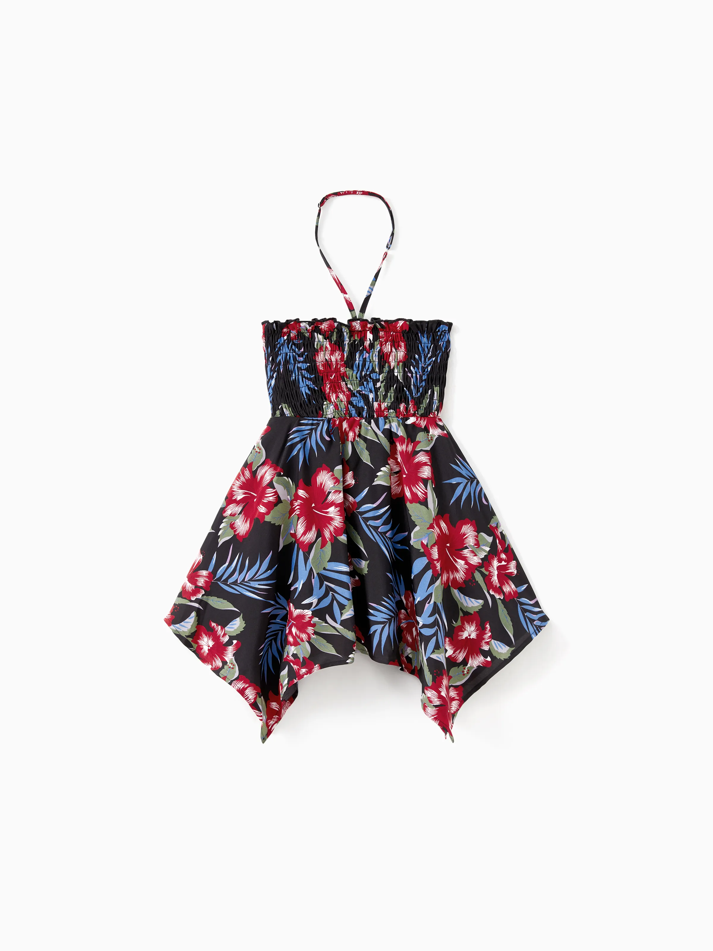 

Family Matching Floral Beach Shirt and Drawstring Front Shirred Back Halter Neck High-Low Dress Sets