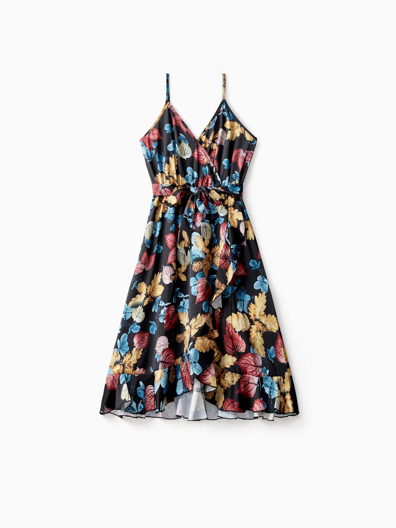 Family Matching Sets Black Tee or Colorful Leaf Pattern Floral Wrap Bottom Ruffle Hem High-Low Dress with Hidden Snap
Family Matching Sets Black Tee or Colorful Leaf Pattern Floral Wrap Bottom Ruffle Hem High-Low Dress with Hidden Snap