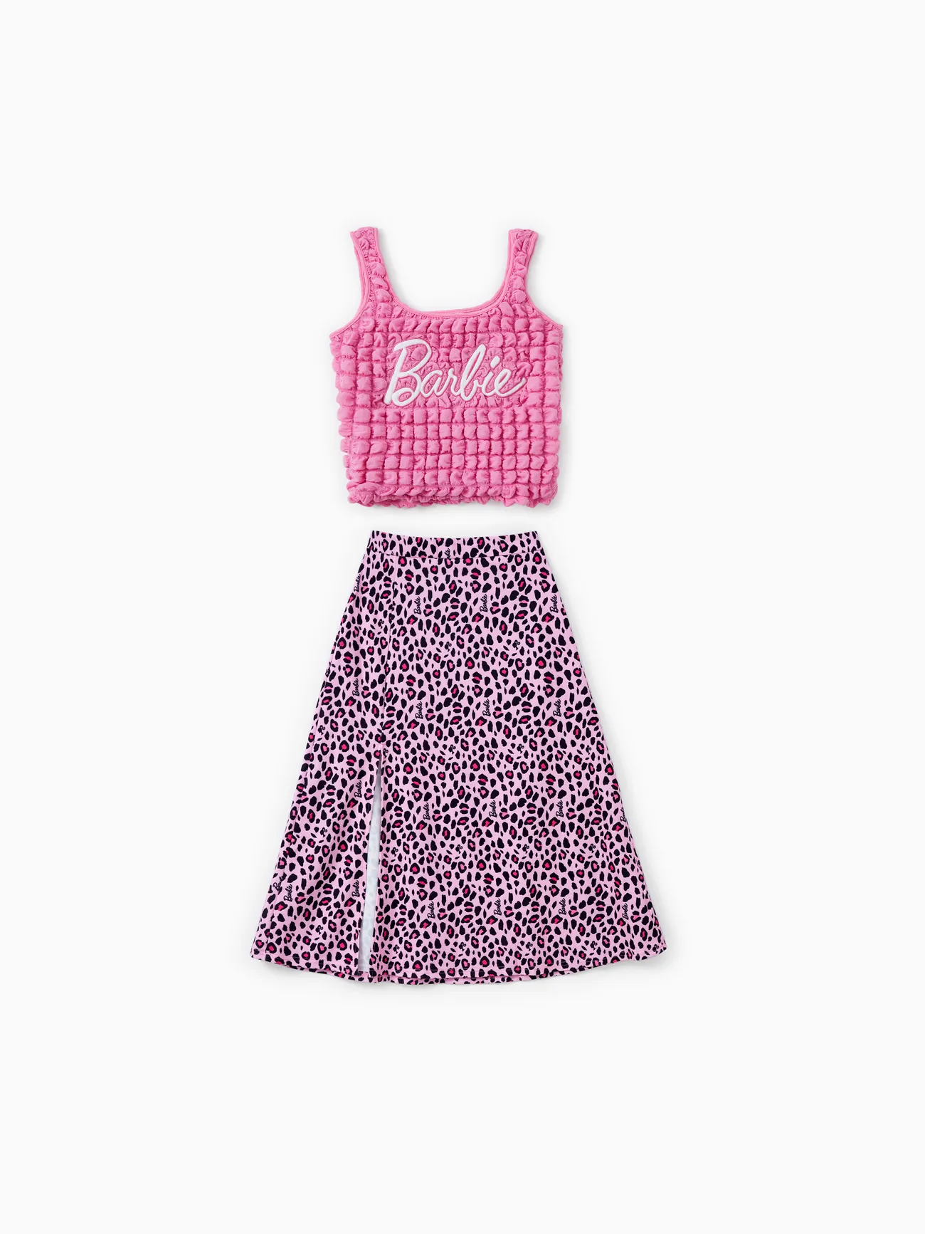 Barbie Mommy and Me Logo Embroidered Textured Fabric Tank Top and Allover Leopard Print Skirt Set
Barbie Mommy and Me Logo Embroidered Textured Fabric Tank Top and Allover Leopard Print Skirt Set