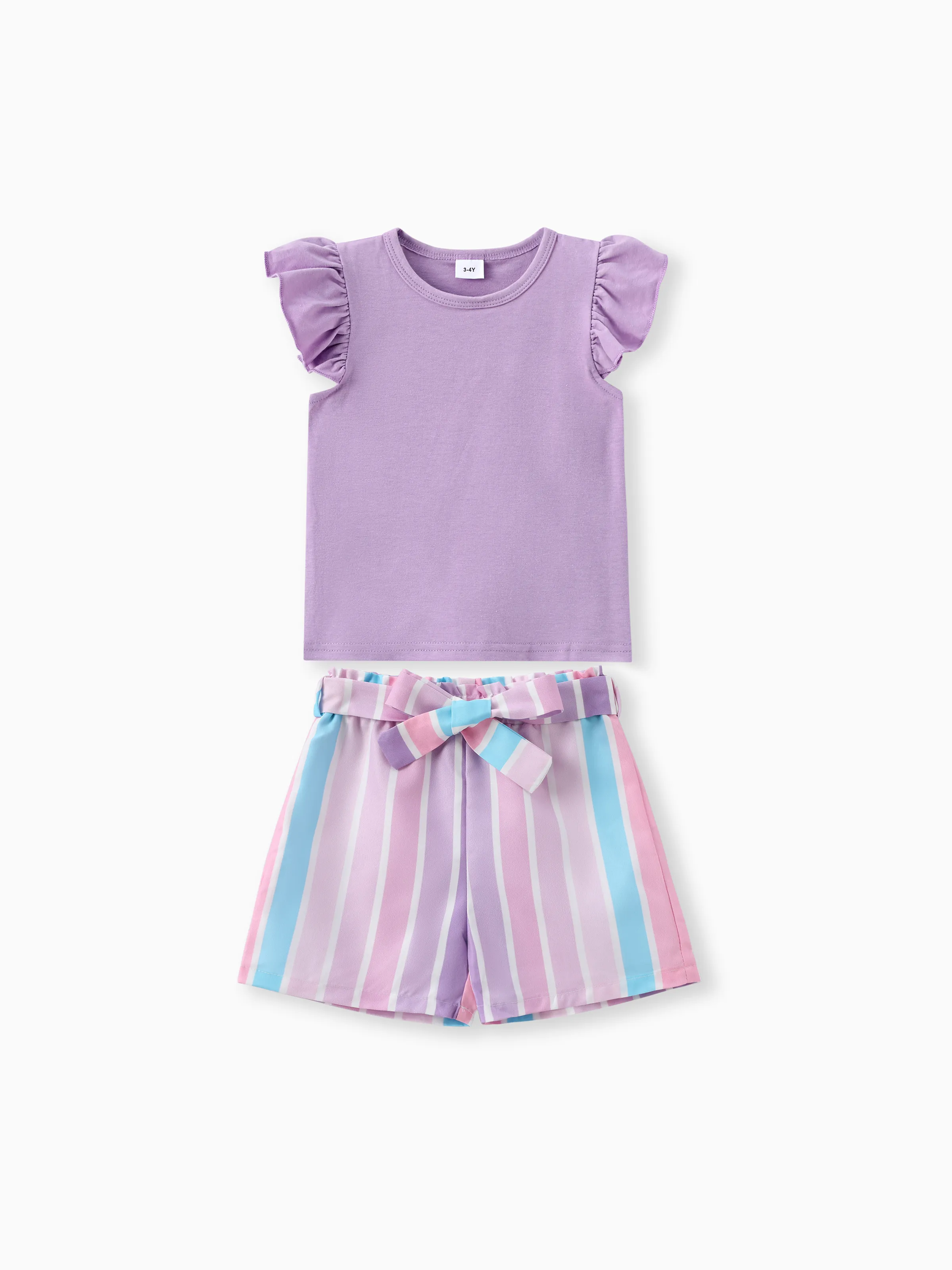 

2pcs Toddler Girl Sweet Flutter-sleeve Tee and Stripe Belted Shorts Set
