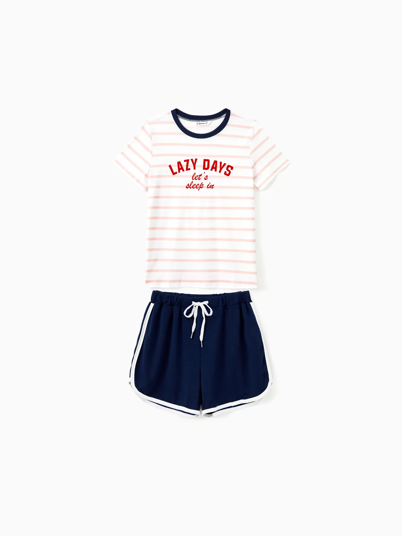 Family Matching Pajamas Sets Preppy Style Striped Slogan Print Crew Neck Top and Navy Blue Drawstring Shorts
Family Matching Pajamas Sets Preppy Style Striped Slogan Print Crew Neck Top and Navy Blue Drawstring Shorts