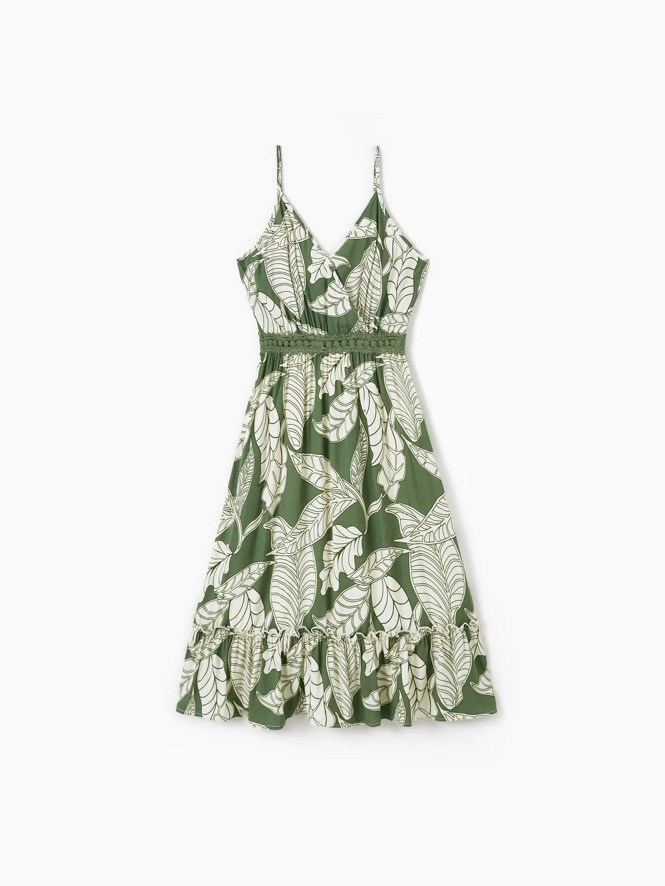 Mommy and Me Green Plant Floral Lace Hollow Out Waist Ruffle Hem Strap Dress 
Mommy and Me Green Plant Floral Lace Hollow Out Waist Ruffle Hem Strap Dress