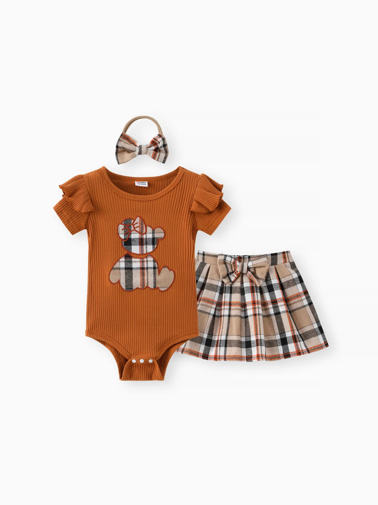 Baby Girl 3pcs Bear Style Embroidered Ruffled Romper and Plaid Skirt with Headband Set
Baby Girl 3pcs Bear Style Embroidered Ruffled Romper and Plaid Skirt with Headband Set