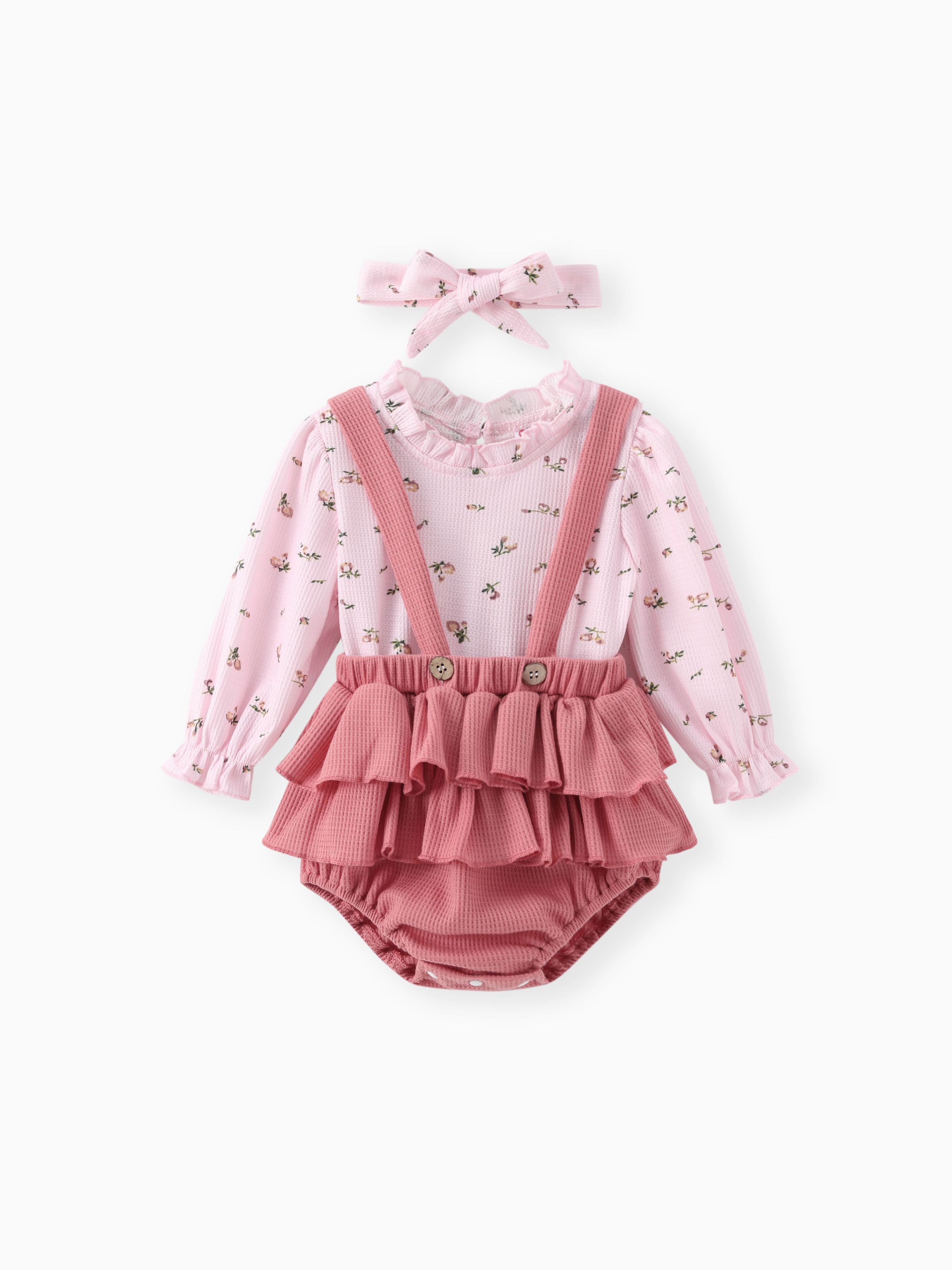 3pcs Baby Floral Print Long-sleeve Top and Ruffle Suspender Skirted Shorts Set
3pcs Baby Floral Print Long-sleeve Top and Ruffle Suspender Skirted Shorts Set