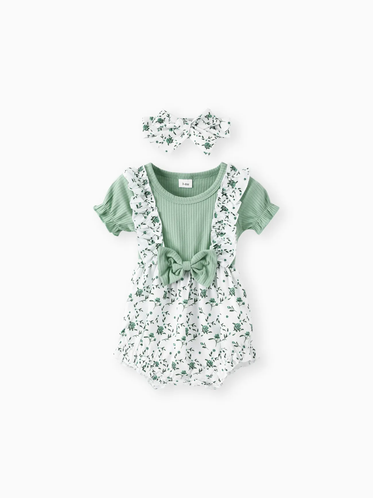 2pcs Baby Girl Ruffle Ribbed Allover Floral Print Puff-sleeve Romper and Headband Set
2pcs Baby Girl Ruffle Ribbed Allover Floral Print Puff-sleeve Romper and Headband Set
