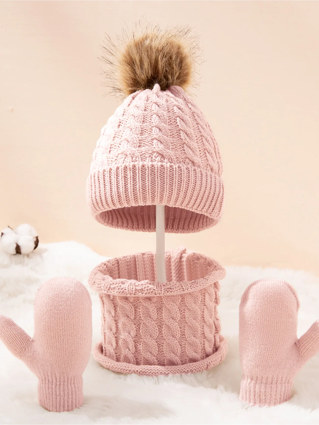 3-pack Baby / Toddler Pompon Decor Pure Color Cable Knit Beanie Hat and Scarf and Mittens Set
3-pack Baby / Toddler Pompon Decor Pure Color Cable Knit Beanie Hat and Scarf and Mittens Set
