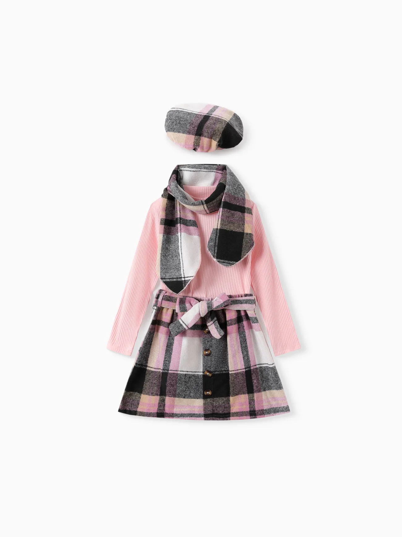 4pcs Kid Girl 95% Cotton Ribbed Solid Long-sleeve Top and Plaid Belted Skirt & Hat & Scarf Set
4pcs Kid Girl 95% Cotton Ribbed Solid Long-sleeve Top and Plaid Belted Skirt & Hat & Scarf Set