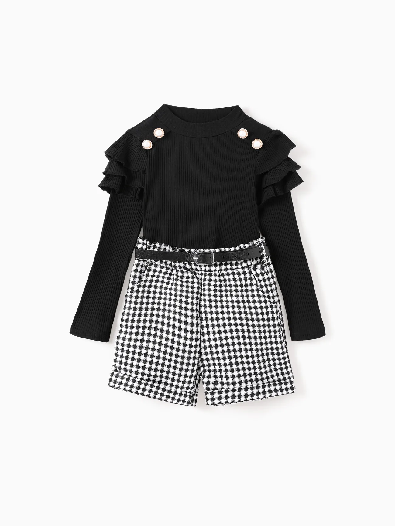 2pcs Kid Girl 95% Cotton Ruffle Rib-knit Top and Houndstooth Belted Shorts Set
2pcs Kid Girl 95% Cotton Ruffle Rib-knit Top and Houndstooth Belted Shorts Set