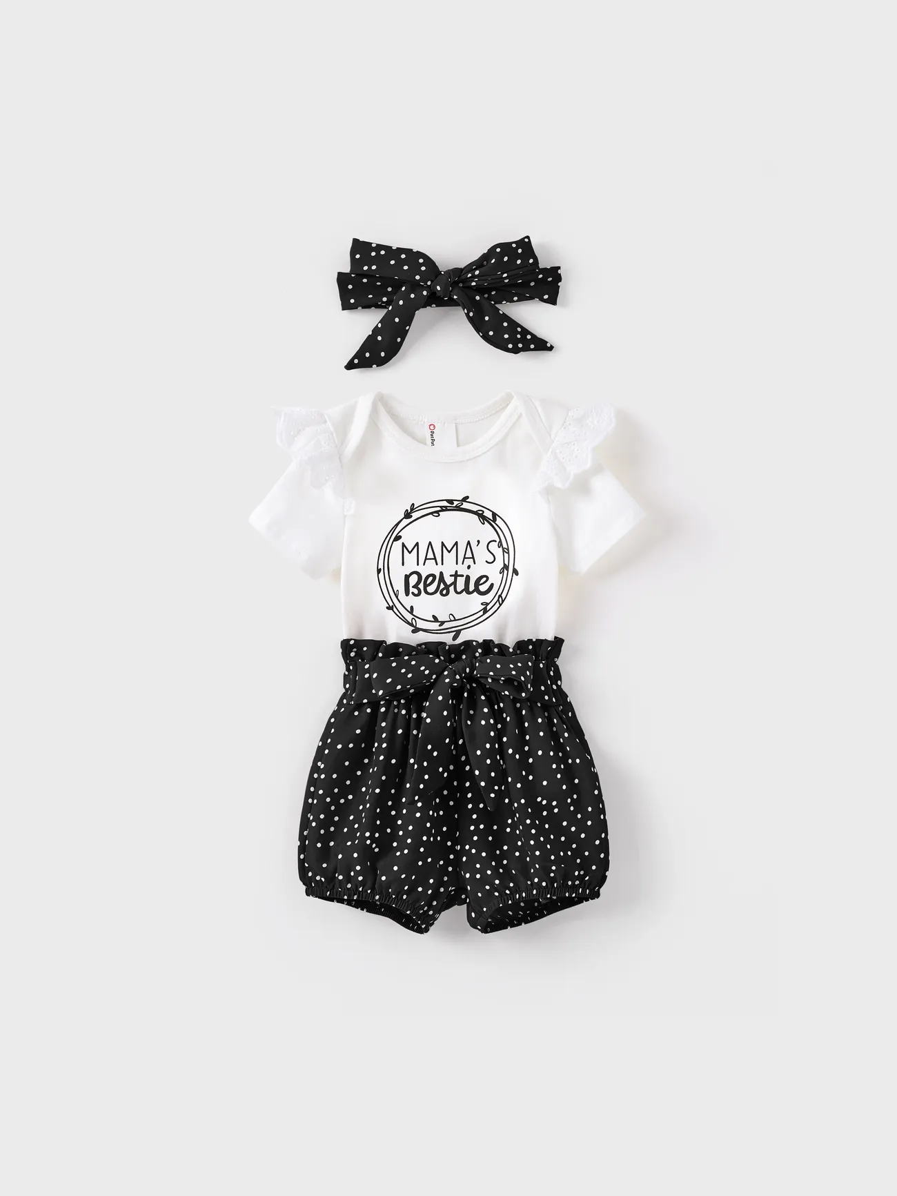 3-Piece Baby Girl Letter Print Romper and Polka dots Shorts and Headband Set
3-Piece Baby Girl Letter Print Romper and Polka dots Shorts and Headband Set