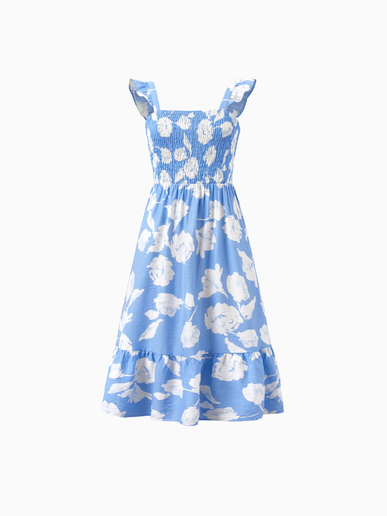 Family Matching Blue Cotton T-Shirt or Leaf Print Blue Smoking Flutter-sleeve Dress
Family Matching Blue Cotton T-Shirt or Leaf Print Blue Smoking Flutter-sleeve Dress