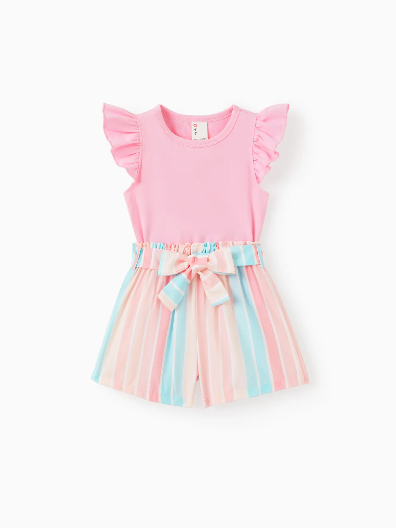 2pcs Toddler Girl Sweet Flutter-sleeve Tee and Stripe Belted Shorts Set
2pcs Toddler Girl Sweet Flutter-sleeve Tee and Stripe Belted Shorts Set