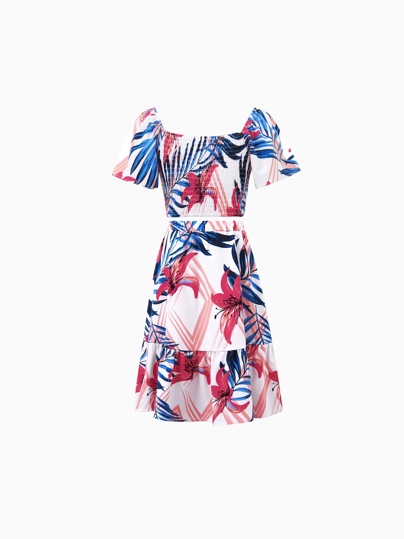 Tropical Floral Family Matching Outfits Pink Blue Leaf Print Short-sleeve Shirt or One Shoulder Smocked top and Skirt Co-ord Set for Vacation, Cruise, Beach
Tropical Floral Family Matching Outfits Pink Blue Leaf Print Short-sleeve Shirt or One Shoulder Smocked top and Skirt Co-ord Set for Vacation, Cruise, Beach