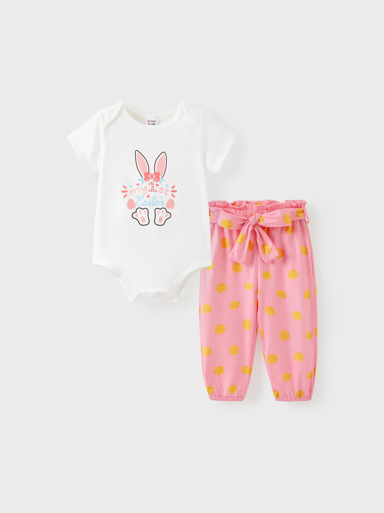 Easter 3pcs Baby Girl Short-sleeve Graphic Romper and Polka Dots Pants with Belt Set
Easter 3pcs Baby Girl Short-sleeve Graphic Romper and Polka Dots Pants with Belt Set