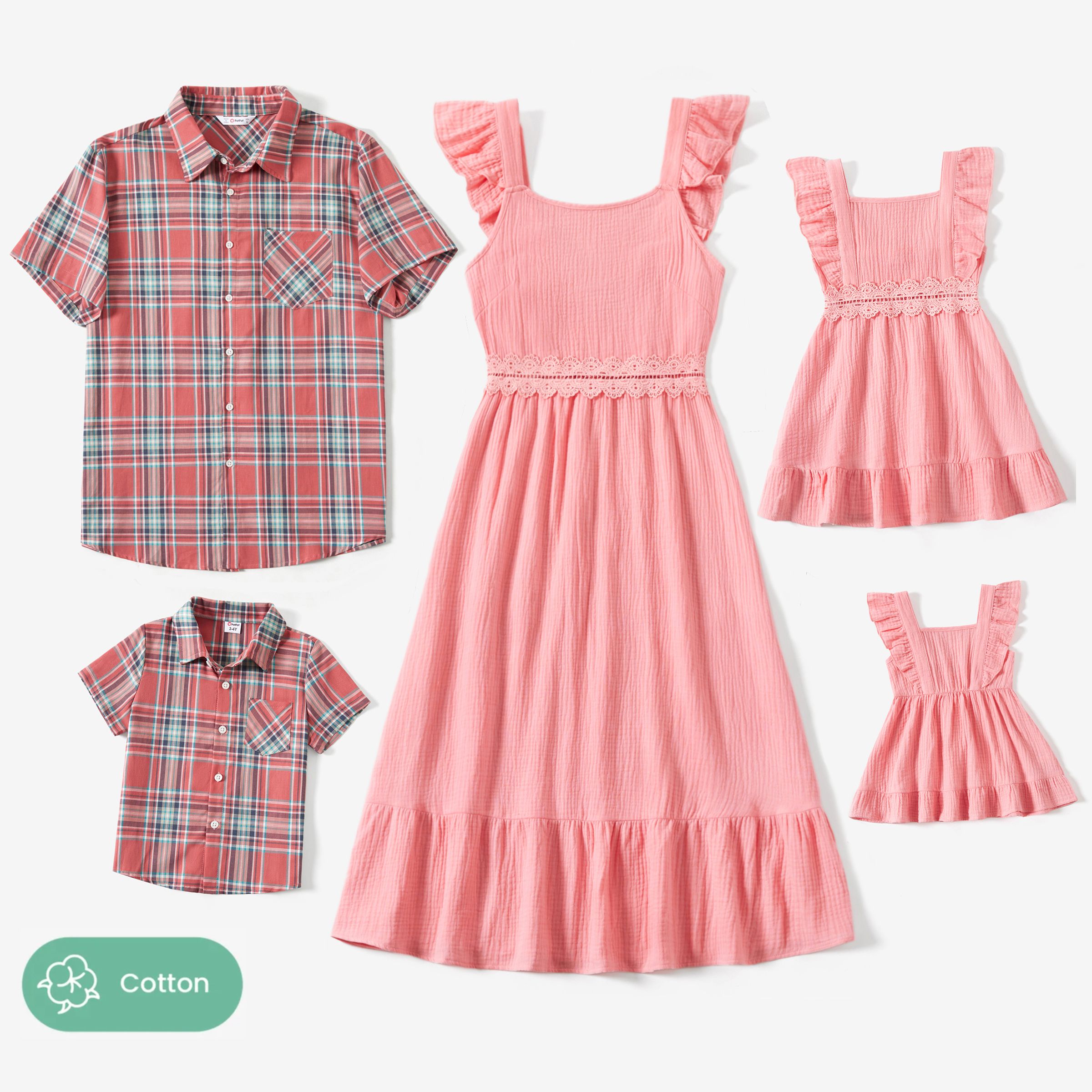 

Family Matching Plaid Shirt and Pink Cotton Shirred Back Lace Waist Flutter Strap Dress Sets