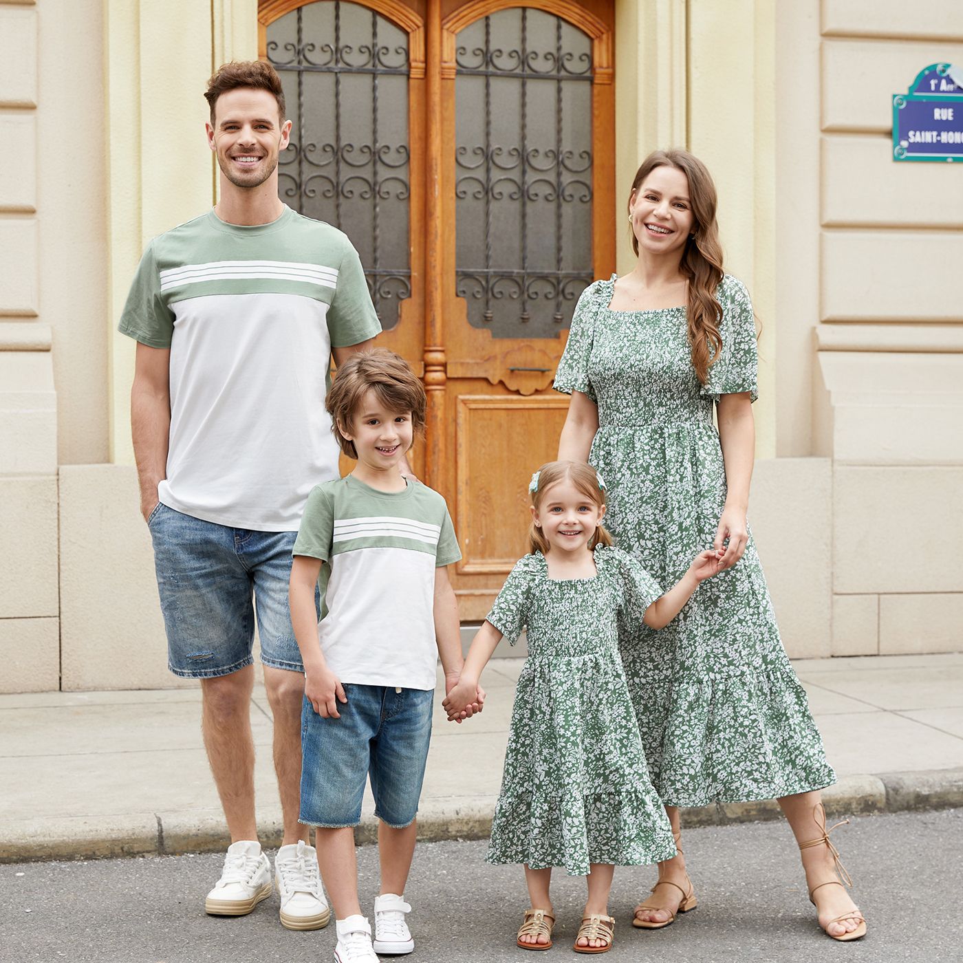 

Family Matching Allover Floral Print Smocked Dresses and Colorblock Striped Cotton T-shirts Sets