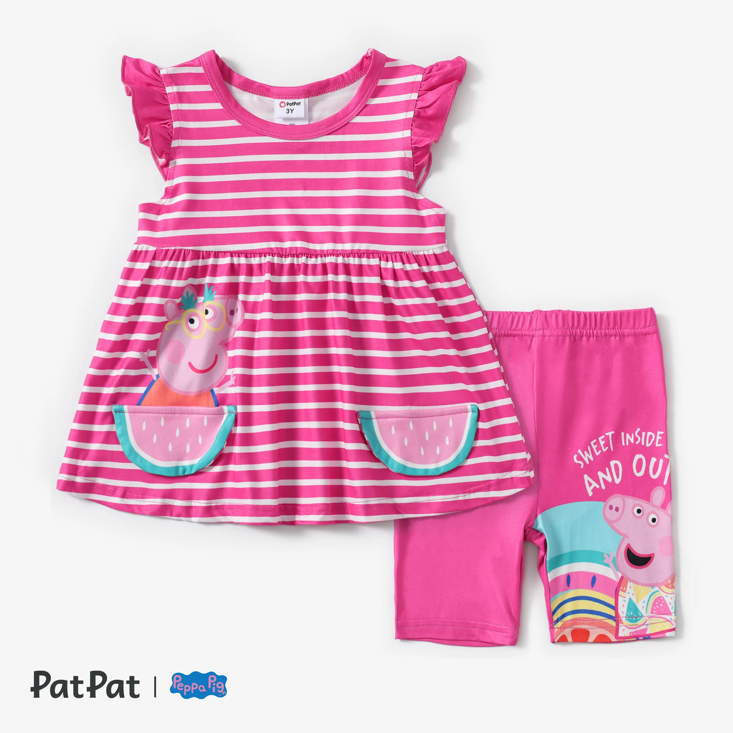 

Peppa Pig Toddler Girls 2pcs Character Print 3D Watermelon Pocket/Striped Flutter-sleeve Top with Shorts Set