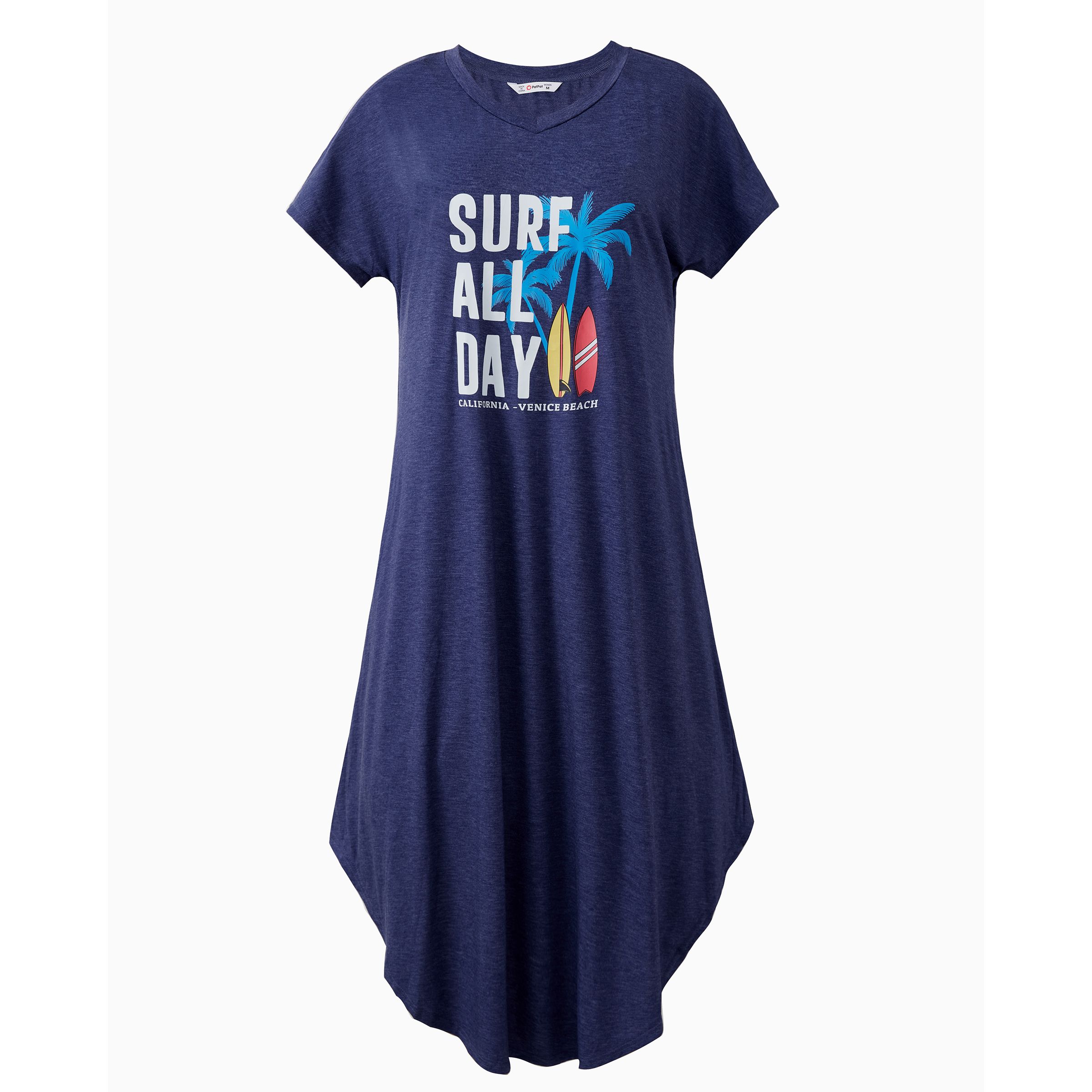 

Family Matching Sets Deep Blue Coconut Tree and Slogan Printed Tee or Short Sleeves A-Line Dress With Pockets