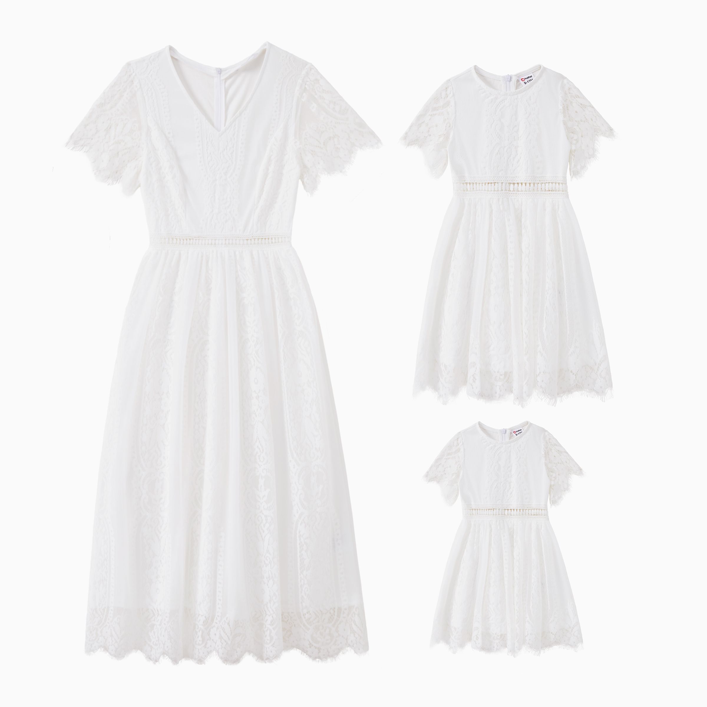 

Mommy and Me White Elegant Lace Design Short Sleeves Dress