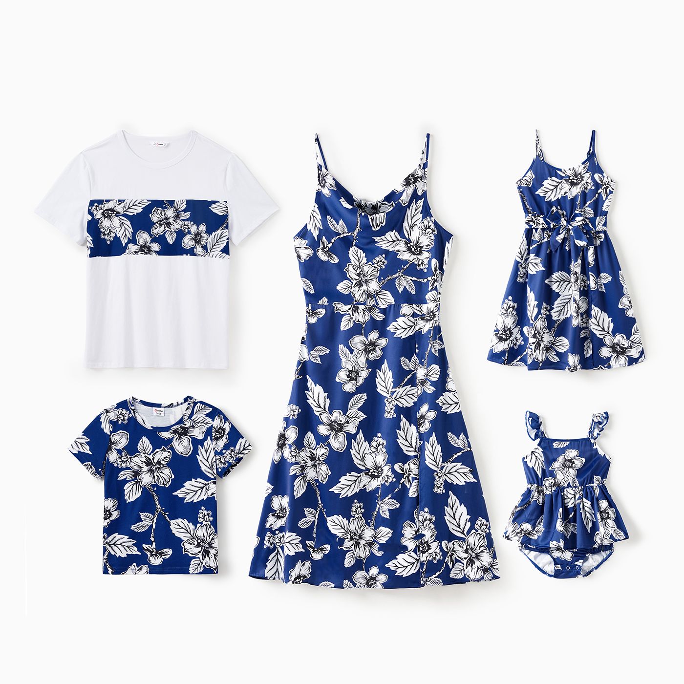

Family Matching Sets Floral Panel Color Block Tee or Blue Tropical Leaf Pattern Satin Swing Collar Slip Dress