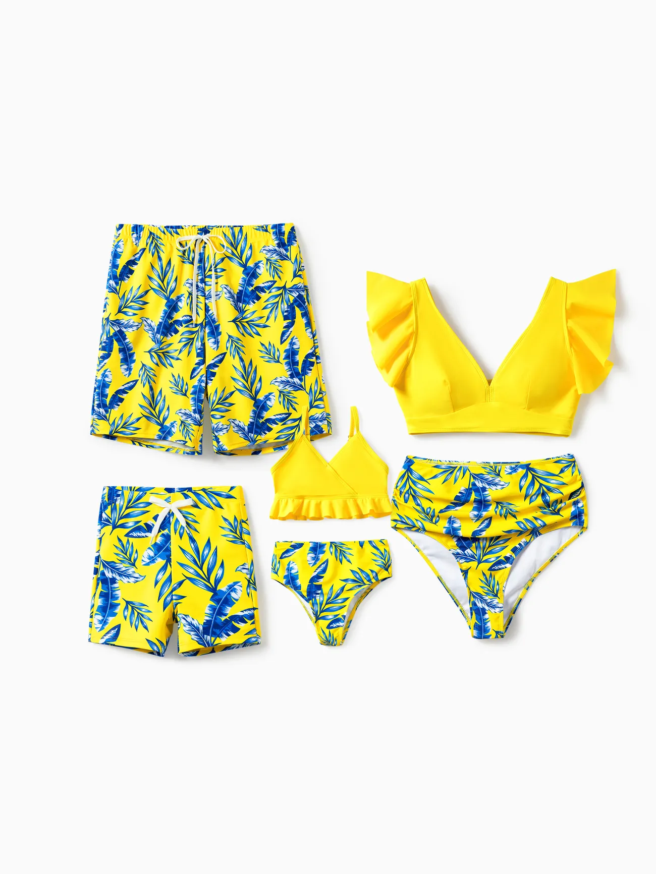 Family Matching Yellow Leaf Print Swim Trunks or Ruched Flutter Sleeve Bikini with Optional Swim Cover Up
Family Matching Yellow Leaf Print Swim Trunks or Ruched Flutter Sleeve Bikini with Optional Swim Cover Up