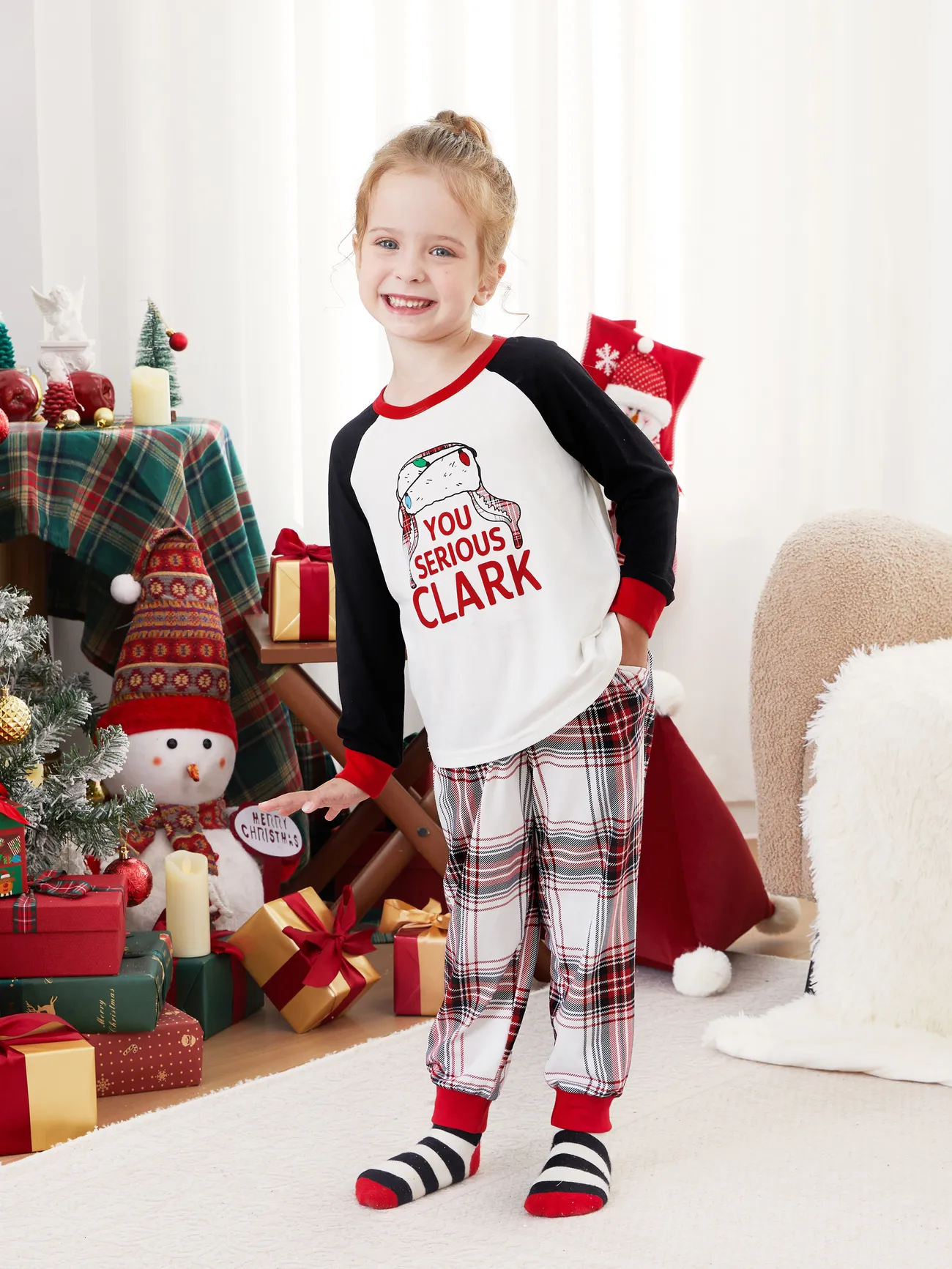 Christmas Family Matching Pajamas Sets 'You Serious, Clark' Raglan Sleeves Top and Plaid Pants with Drawstring and Pockets
Christmas Family Matching Pajamas Sets 'You Serious, Clark' Raglan Sleeves Top and Plaid Pants with Drawstring and Pockets