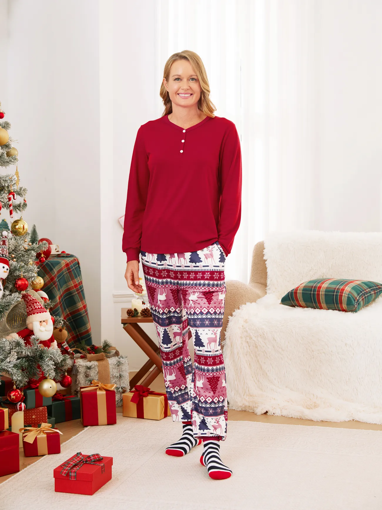 Christmas Family Matching Red Reindeer/Christmas Tree Pattern Pajamas Sets with Pockets and Drawstring