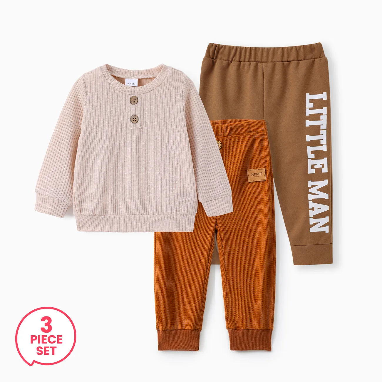 3-Piece Baby Boy Button Design Ribbed Sweatshirt and Patchwork Waffle Pants and Sweatpants Set
3-Piece Baby Boy Button Design Ribbed Sweatshirt and Patchwork Waffle Pants and Sweatpants Set