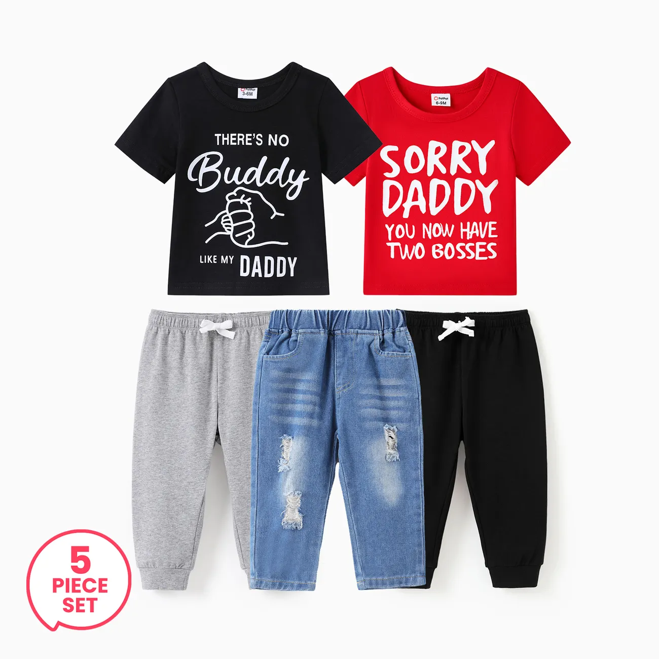 5-Piece Baby Boy Letter Print Tee and Ripped Jeans and Sweatpants Set
5-Piece Baby Boy Letter Print Tee and Ripped Jeans and Sweatpants Set