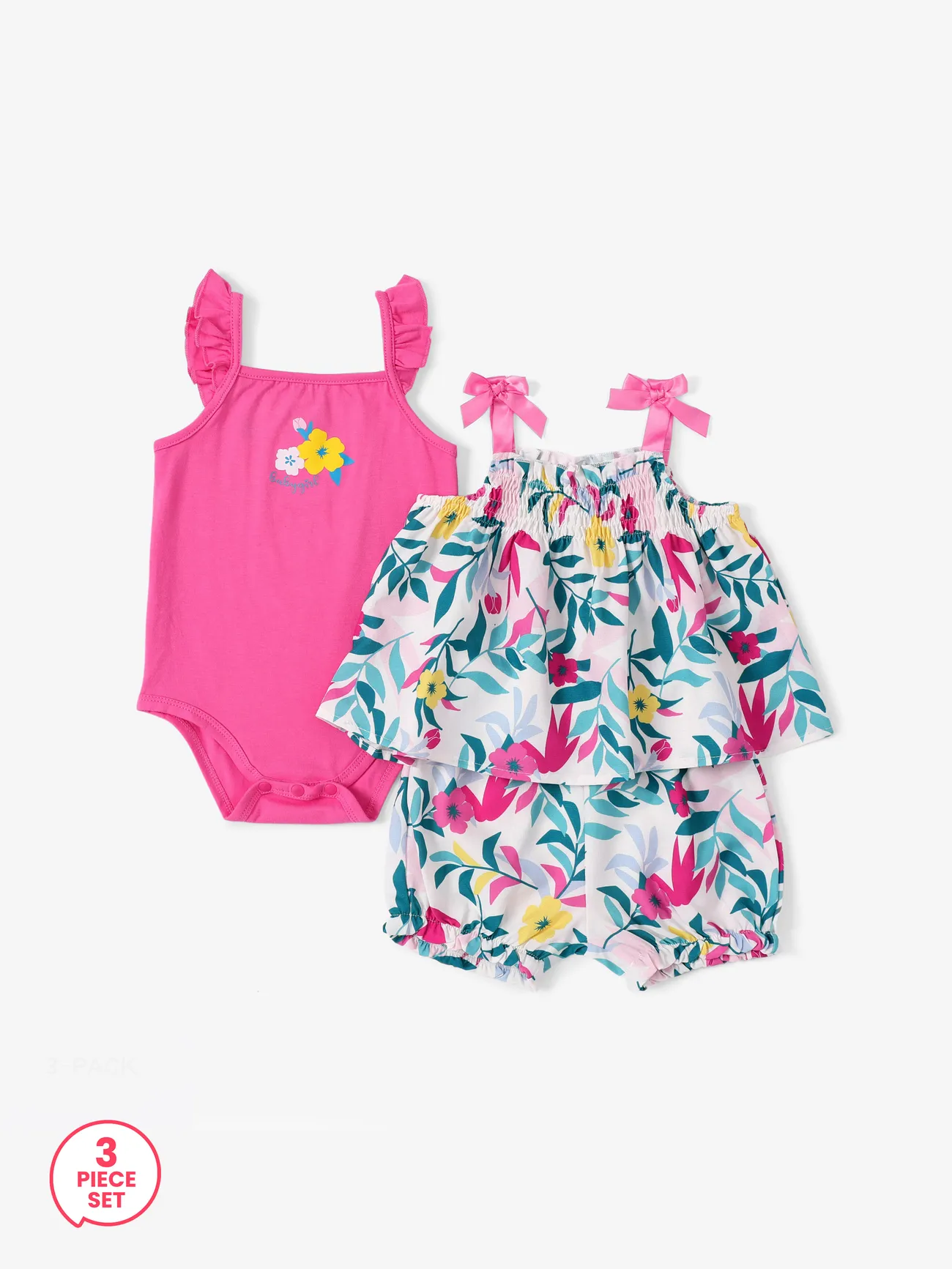 Baby Girl 3pcs Ruffled Romper and Floral Print Cami Top and Shorts Set 
Baby Girl 3pcs Ruffled Romper and Floral Print Cami Top and Shorts Set