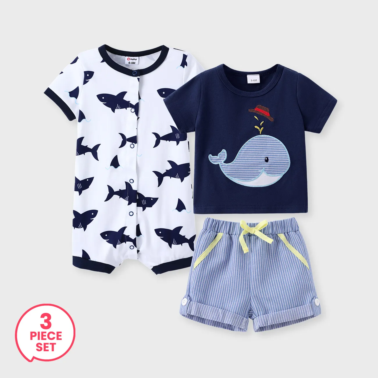3-Piece Baby Boy Whale Print Tee and Striped Shorts and Shark Print Snap Romper Set
3-Piece Baby Boy Whale Print Tee and Striped Shorts and Shark Print Snap Romper Set