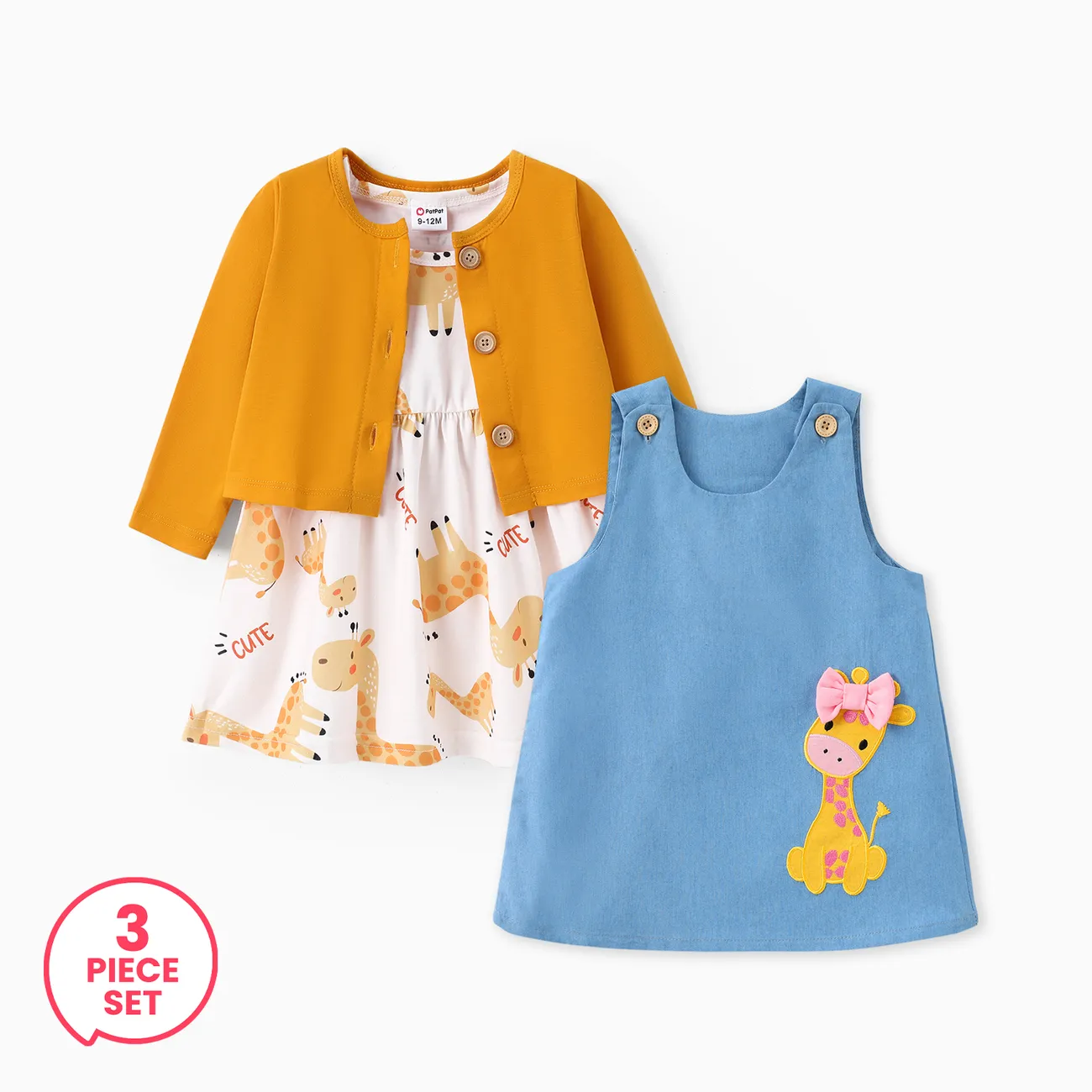 3-Piece Baby Girl Cardigan and Giraffe Print Dress and Denim Tank Dress Set
3-Piece Baby Girl Cardigan and Giraffe Print Dress and Denim Tank Dress Set