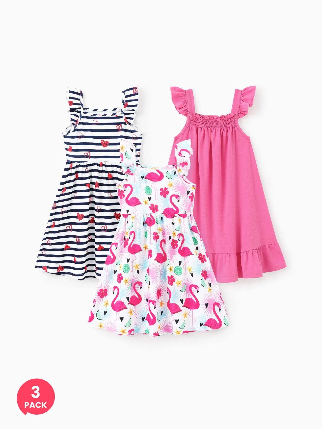 3-Pack Toddler/Kid Girl Childlike Flutter-sleeve Playful Dress