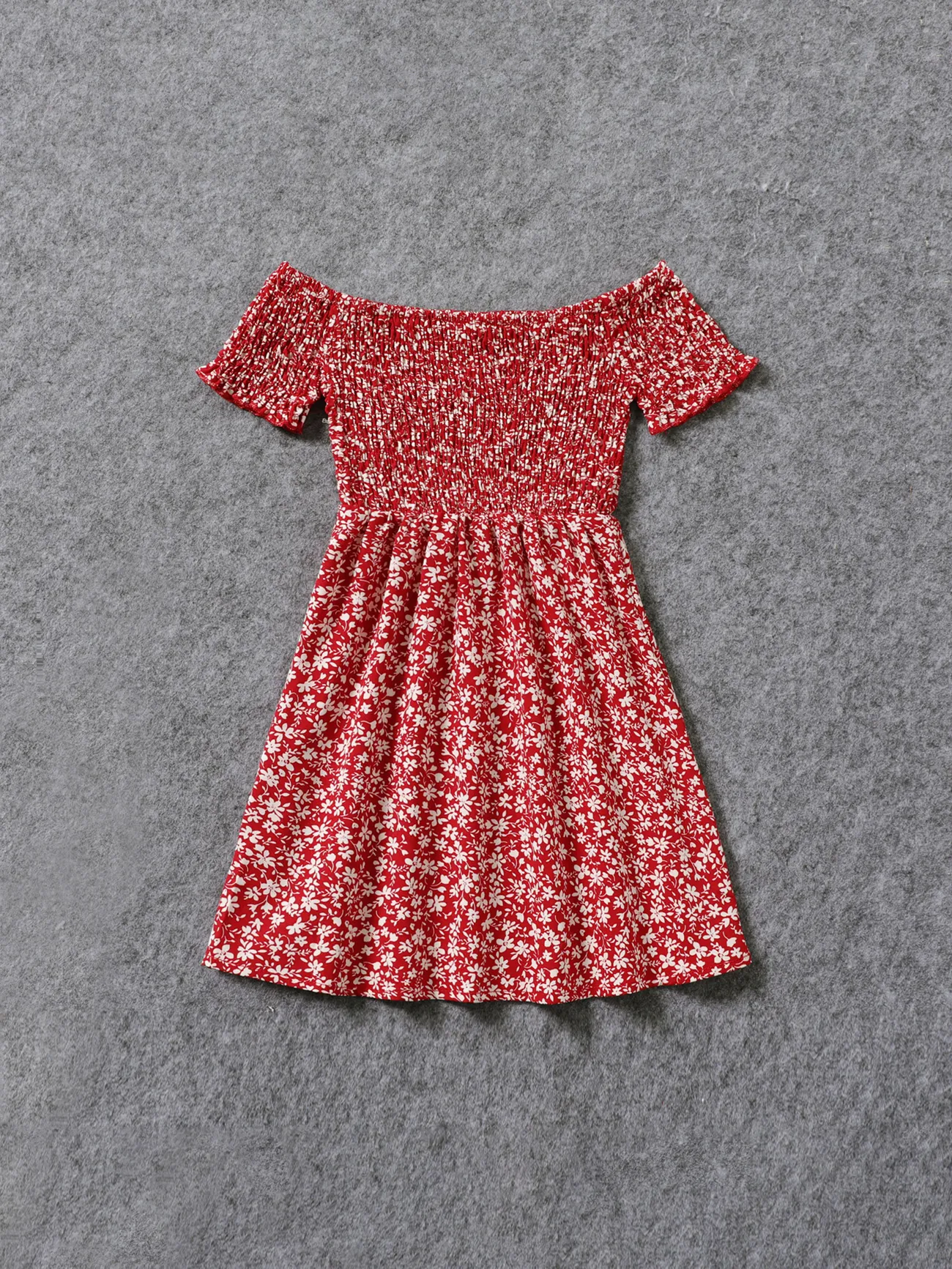 All Over Red Floral Print Off Shoulder Short-sleeve Shirred Dress for Mom and Me 
All Over Red Floral Print Off Shoulder Short-sleeve Shirred Dress for Mom and Me