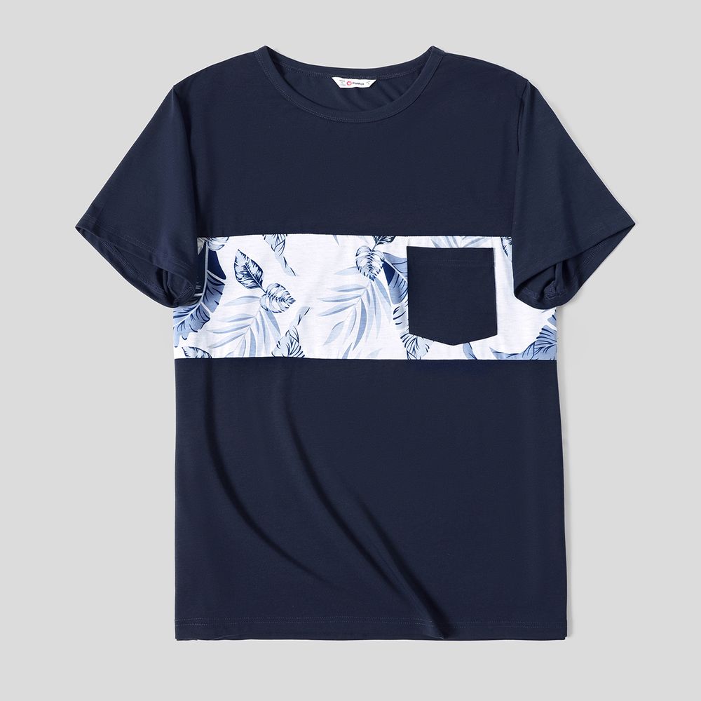 Family Matching Solid V Neck Ruffle Sleeveless Splicing Palm Leaf Print Dresses and Short-sleeve T-shirts Sets royalblue big image 8